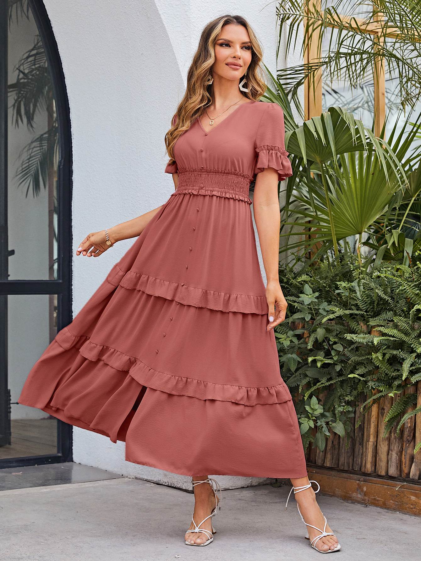 Short Sleeve Tiered Ruffle Smocked V-Neck Maxi Dress
