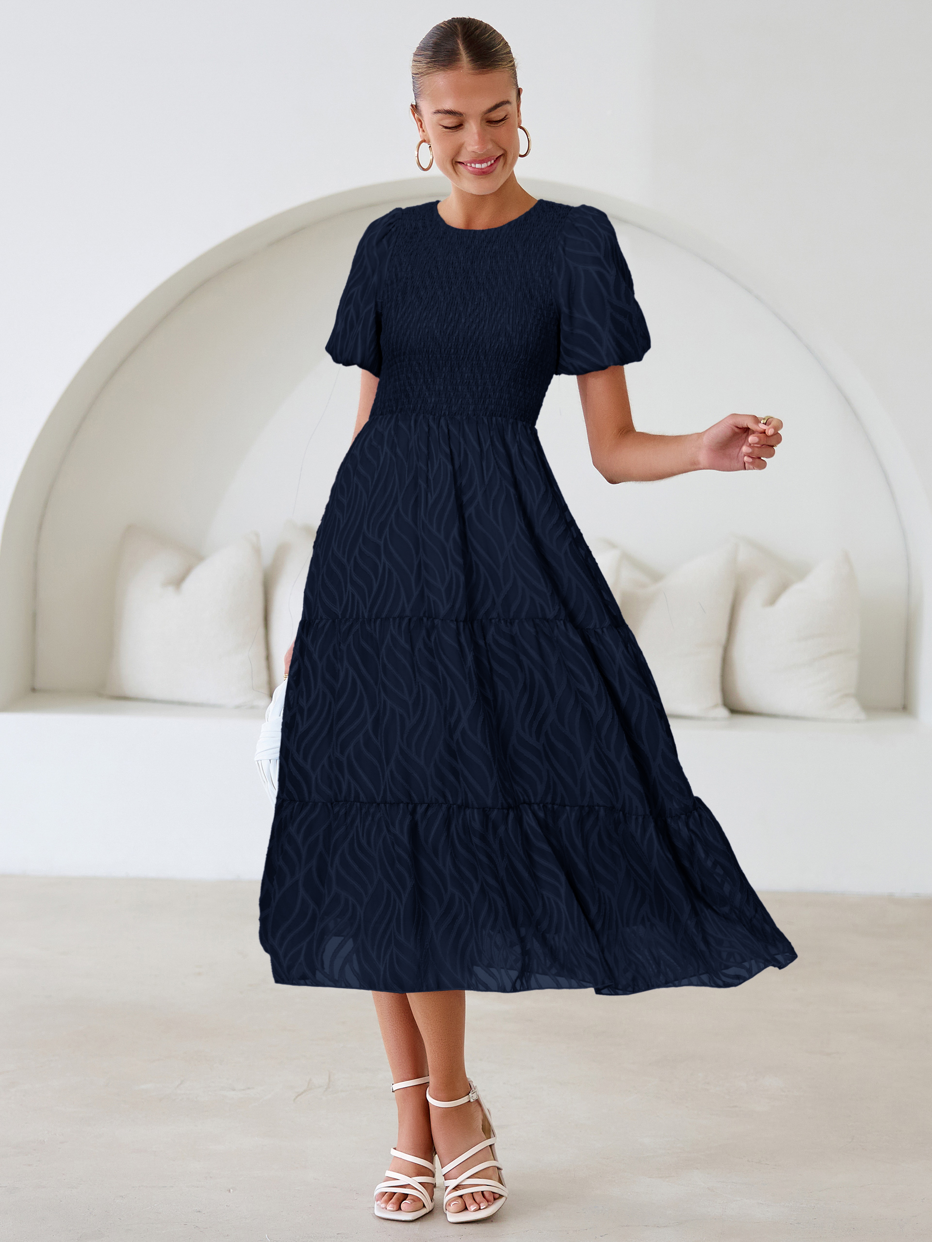 Puff Sleeve A Line Tiered Chiffon Maxi Dress