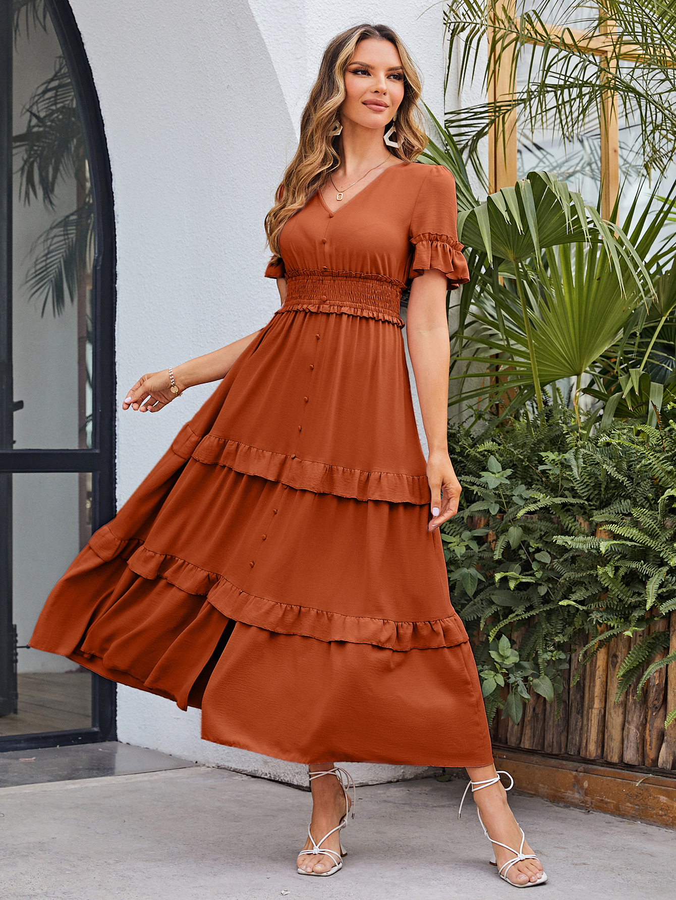 Short Sleeve Tiered Ruffle Smocked V-Neck Maxi Dress