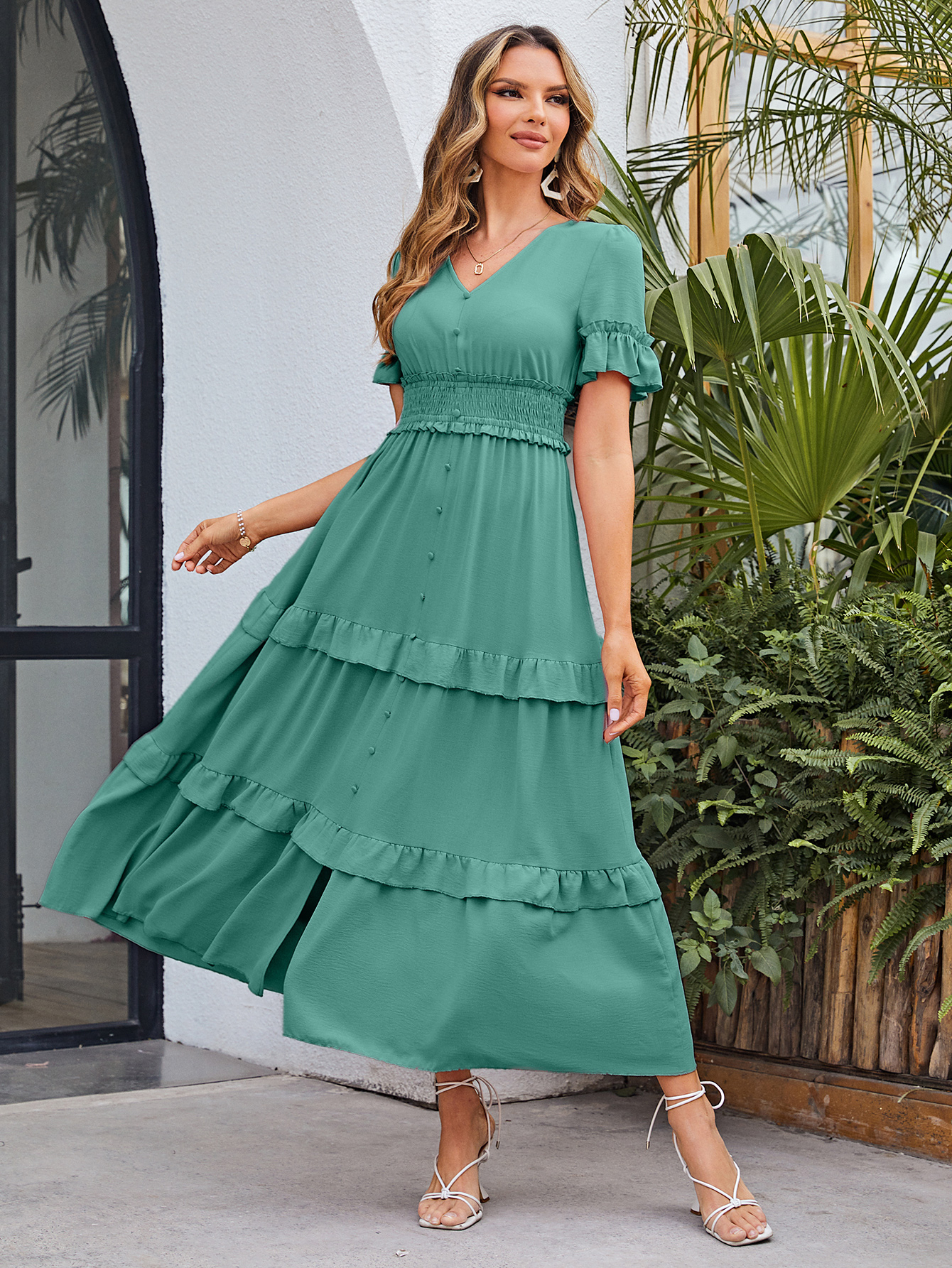 Short Sleeve Tiered Ruffle Smocked V-Neck Maxi Dress