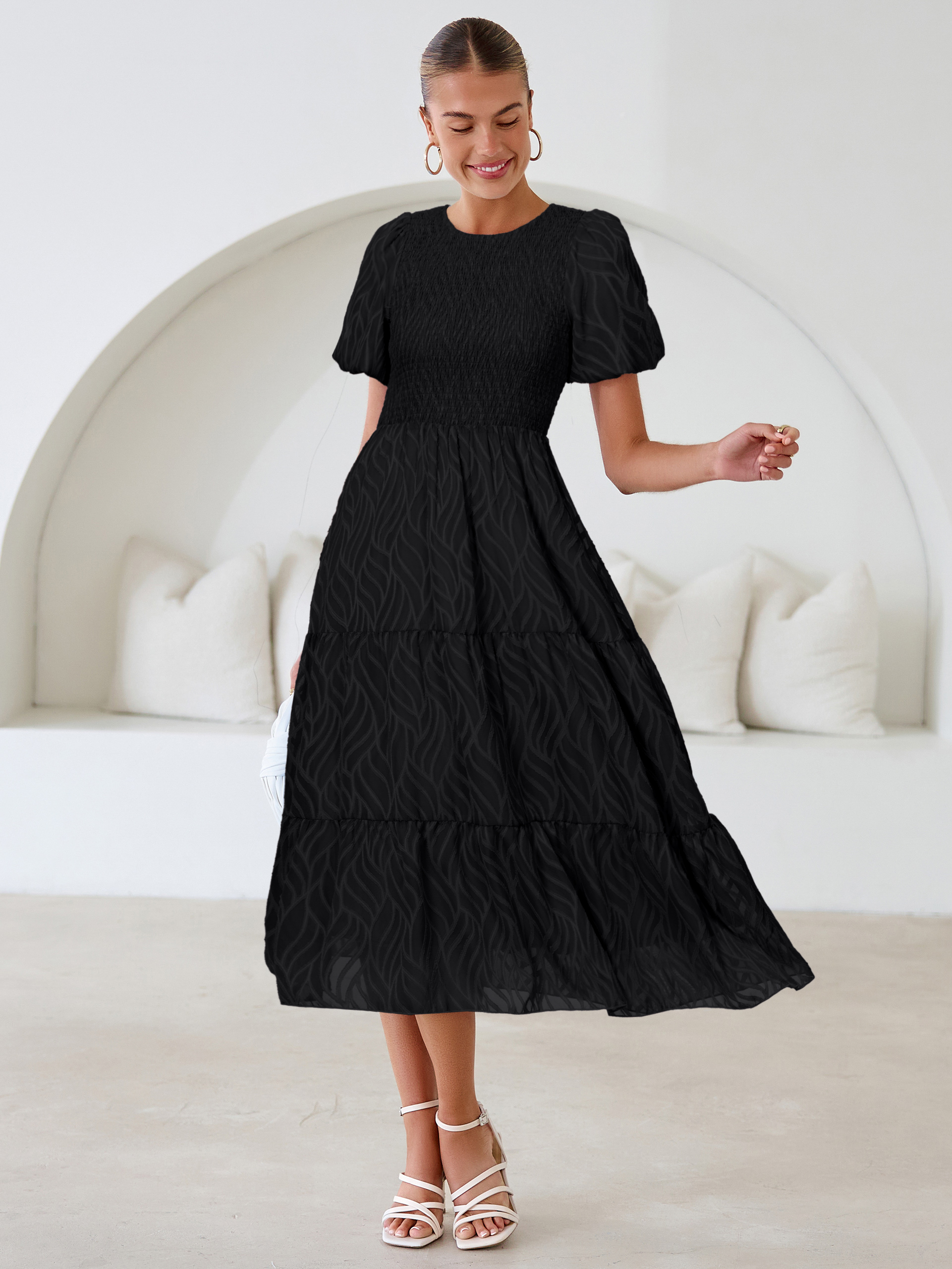 Puff Sleeve A Line Tiered Chiffon Maxi Dress