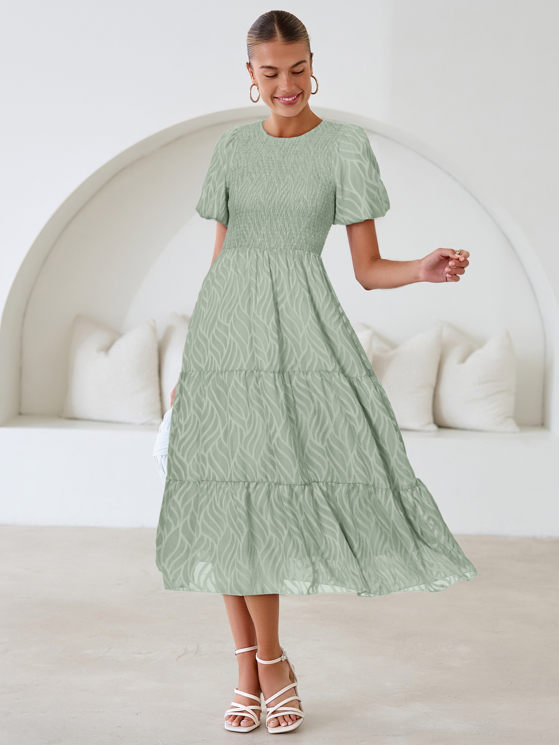 Puff Sleeve A Line Tiered Chiffon Maxi Dress