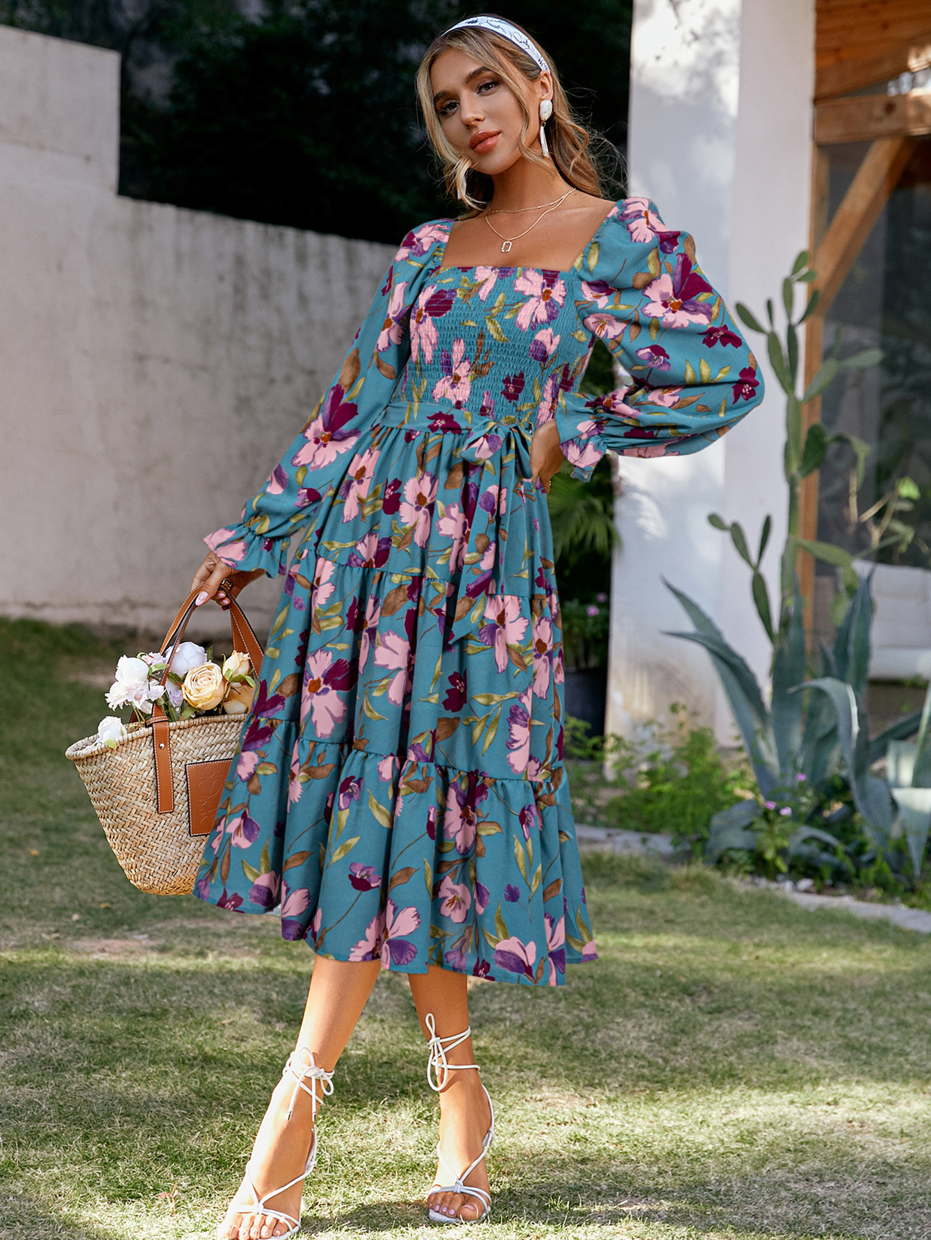 Floral Shirred Tie Waist Long Sleeve Midi Dress - Blue