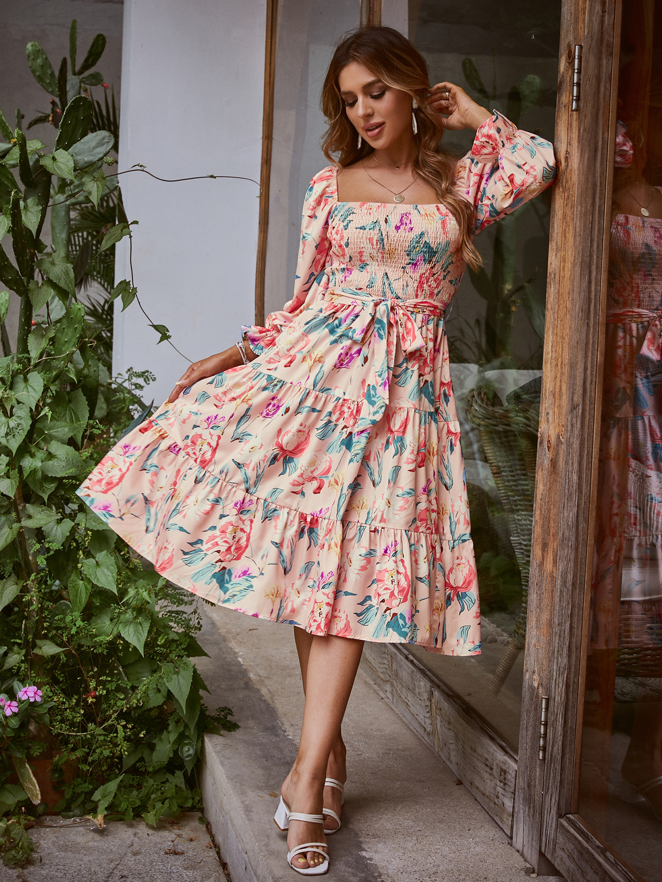 Boho Long Sleeve Ruffle Tiered Floral Midi Dress - Floral Purple