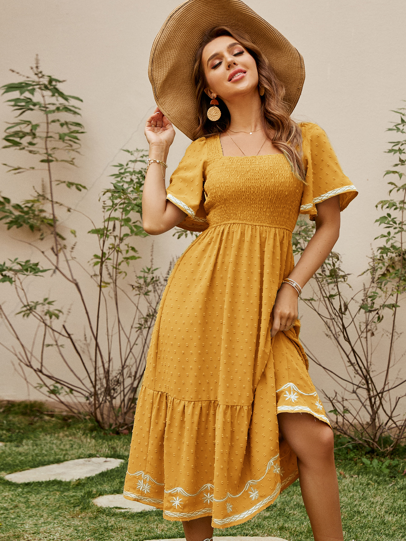 Square Neck Smocked Ruffle A Line Maxi Dress