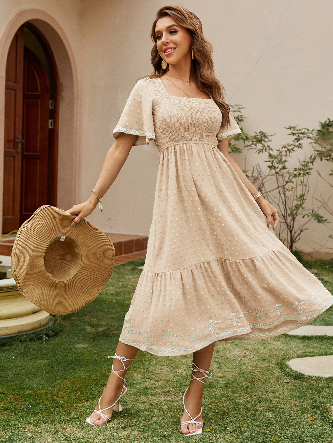 Square Neck Smocked Ruffle A Line Maxi Dress