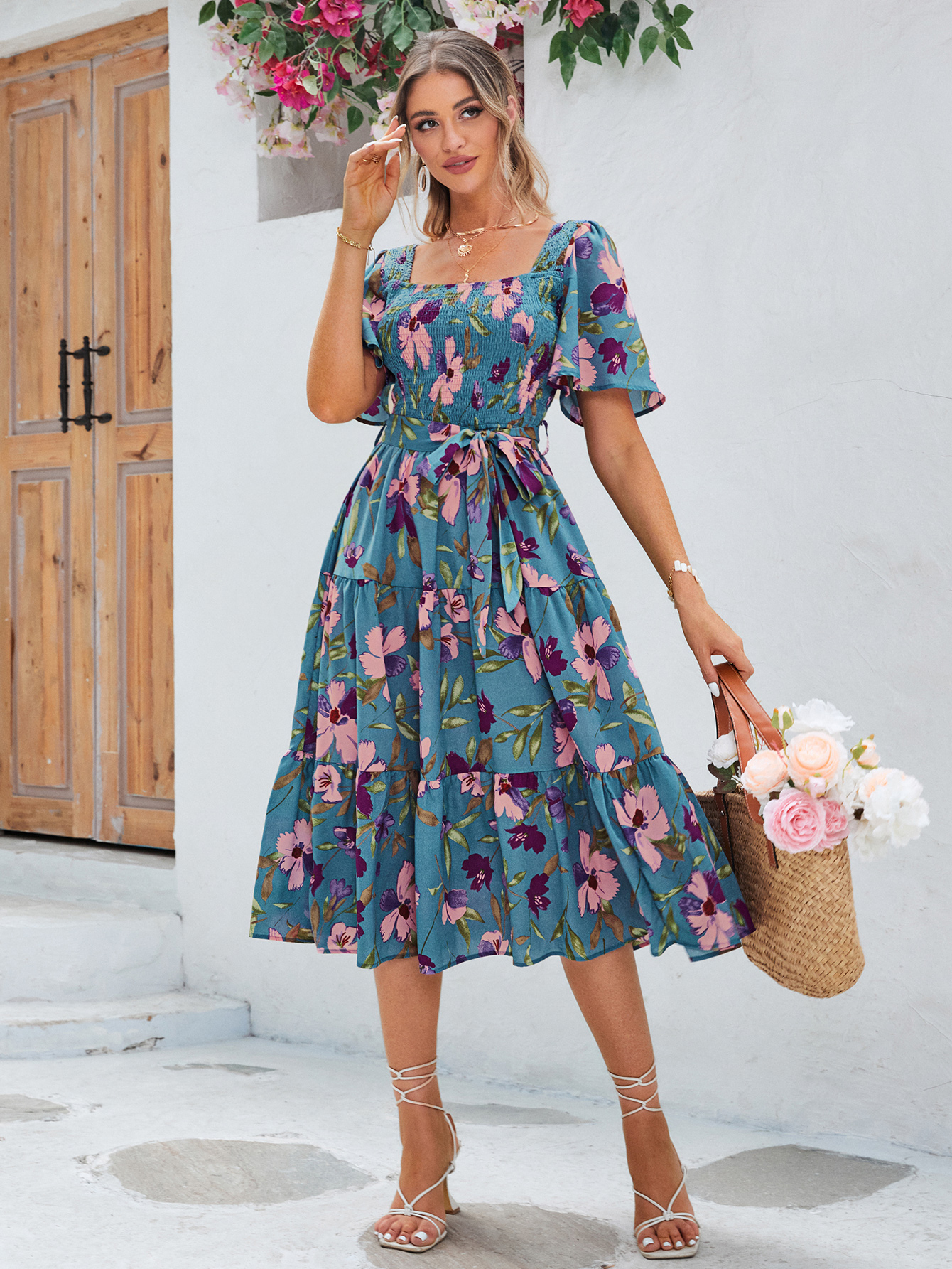 Floral Shirred Ruffle Sleeve Tie Waist Midi Dress - Blue