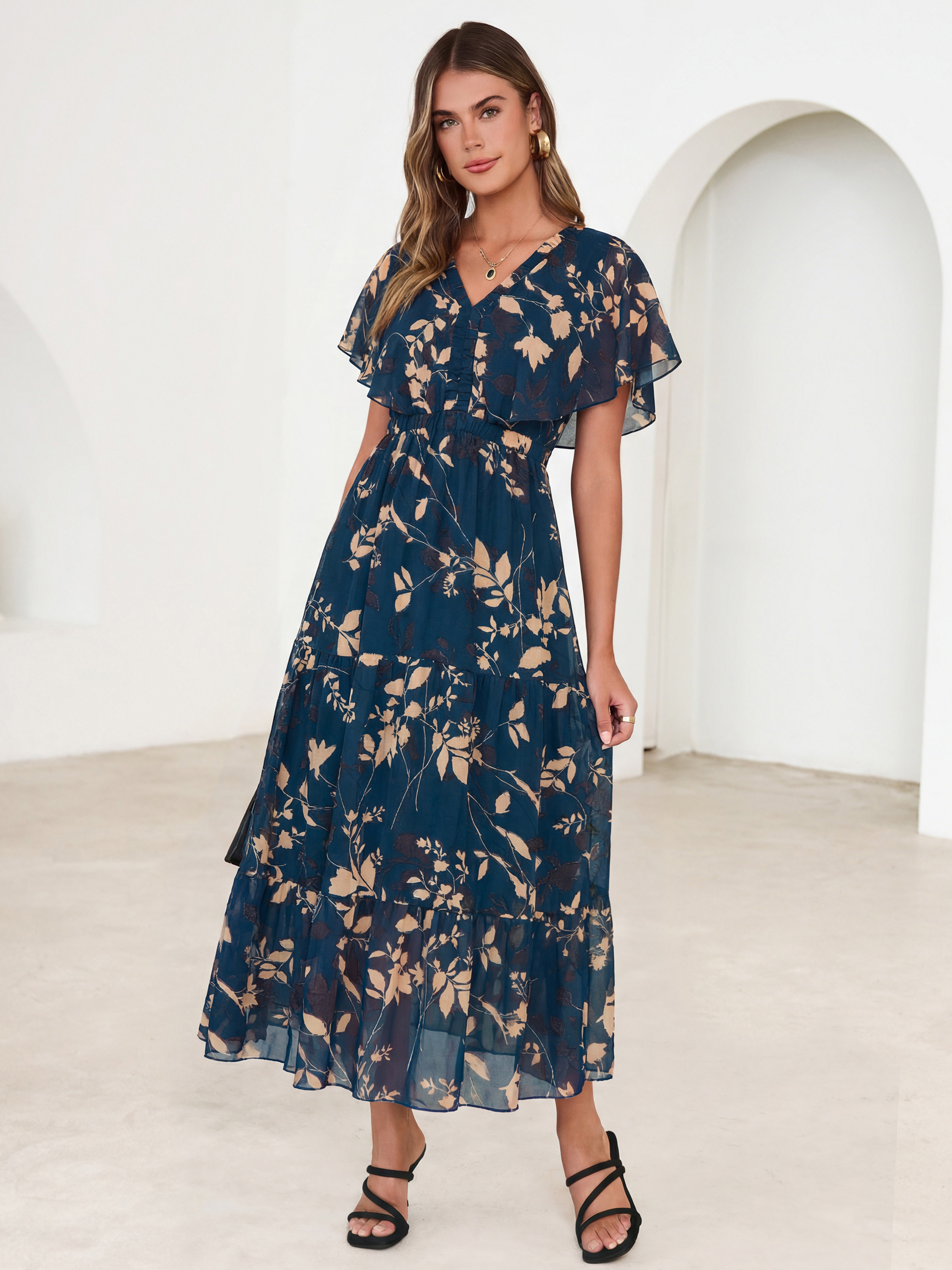 Floral V Neck Ruffle Sleeve Backless Maxi Dress - Dark Blue Floral
