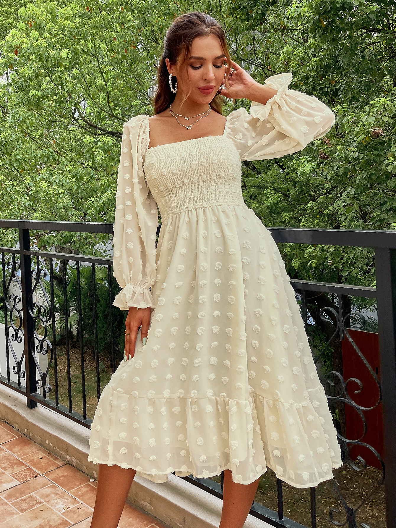 Square Neck Swiss Dot Long Sleeve Shirred Midi Dress - Beige