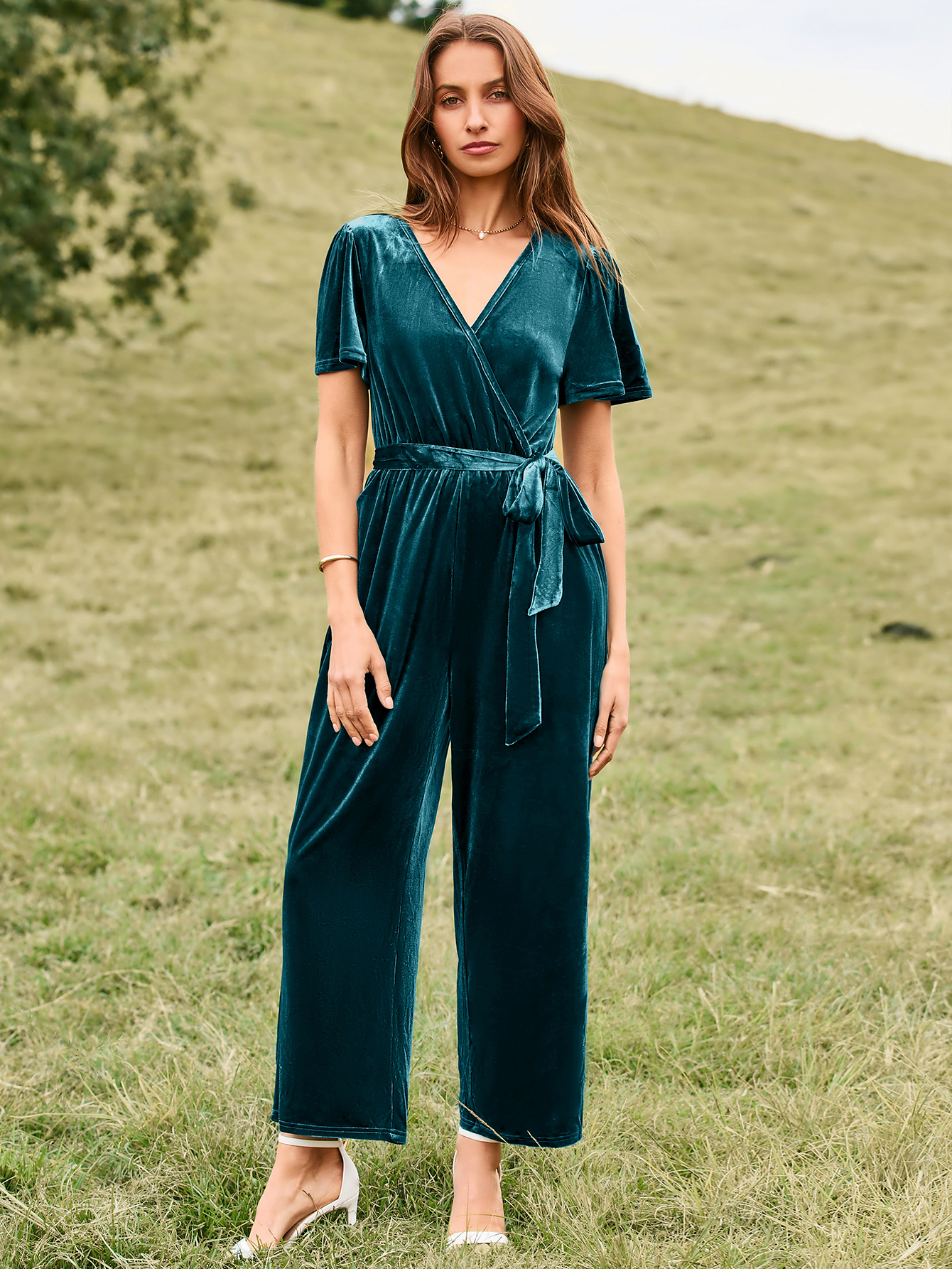 Velvet Short Sleeve Belted Wide Leg Jumpsuit