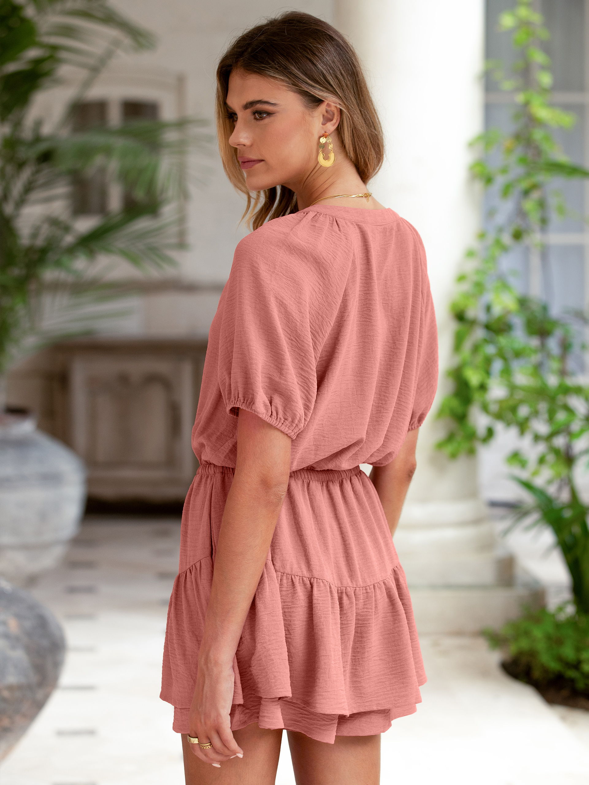 Ruffle V Neck Short Sleeve Tie Waist Romper