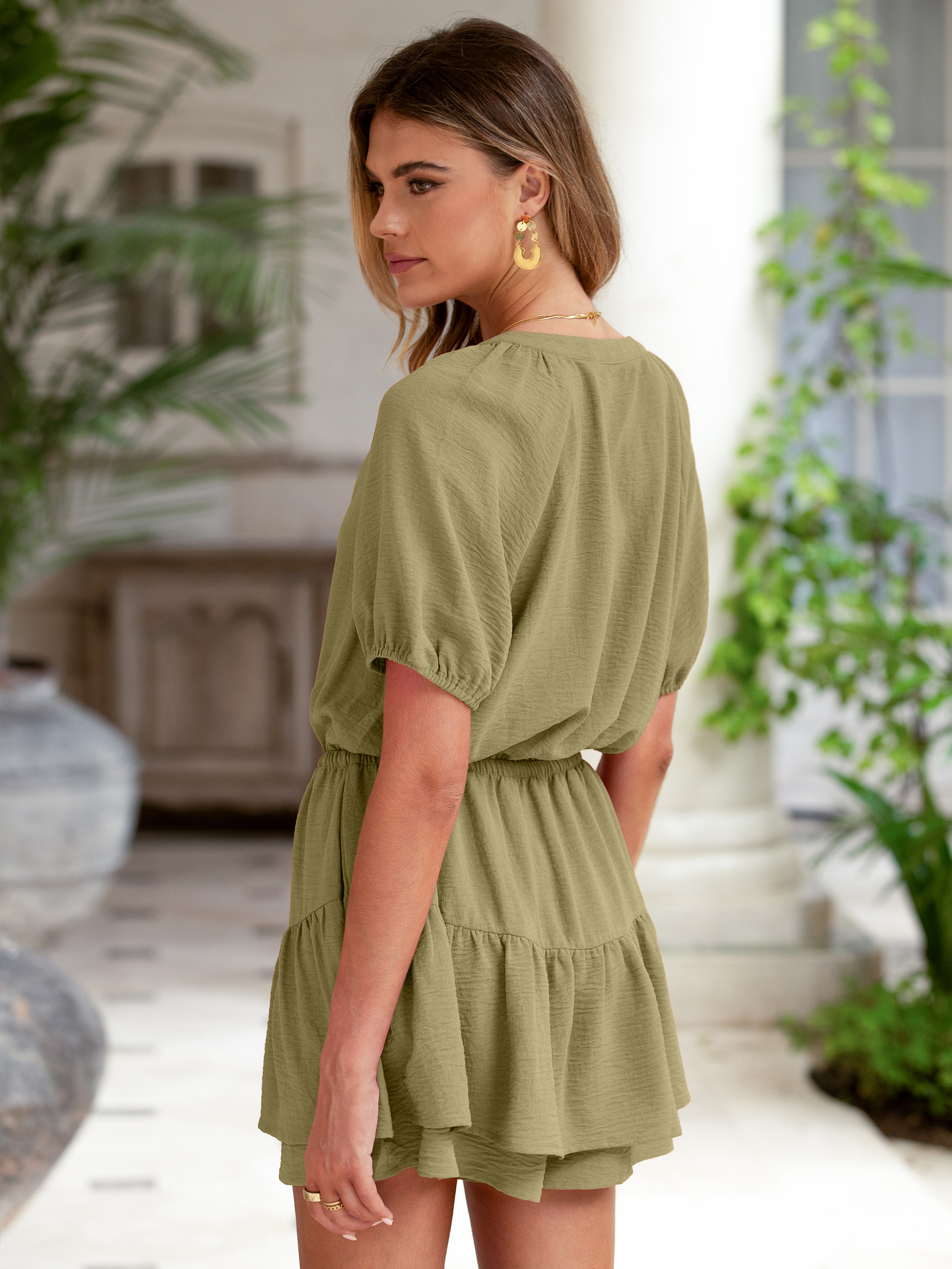 Ruffle V Neck Short Sleeve Tie Waist Romper