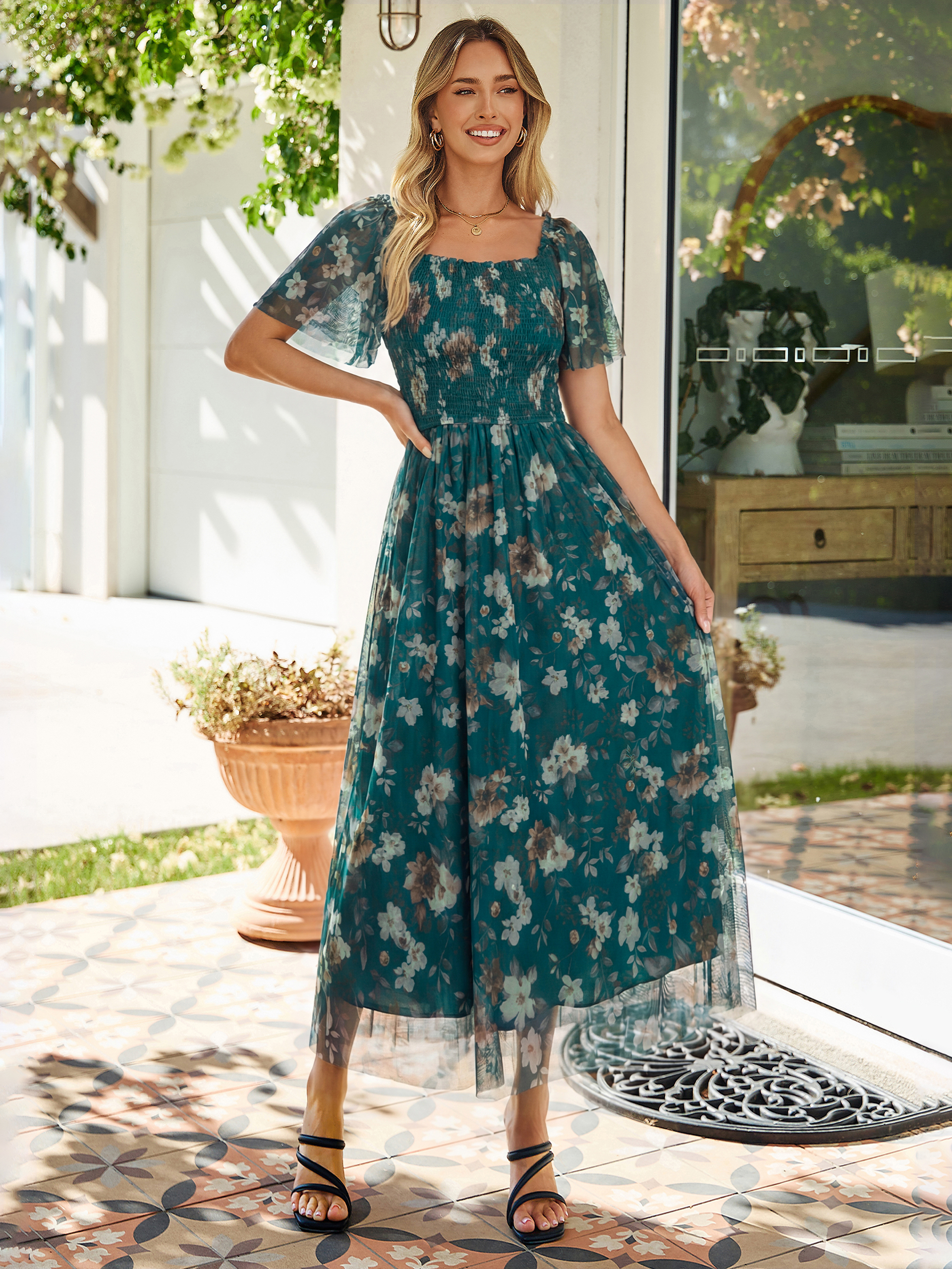 Floral Square Neck Smocked Flutter Sleeve Maxi Dress - Floral Emerald Green Beige