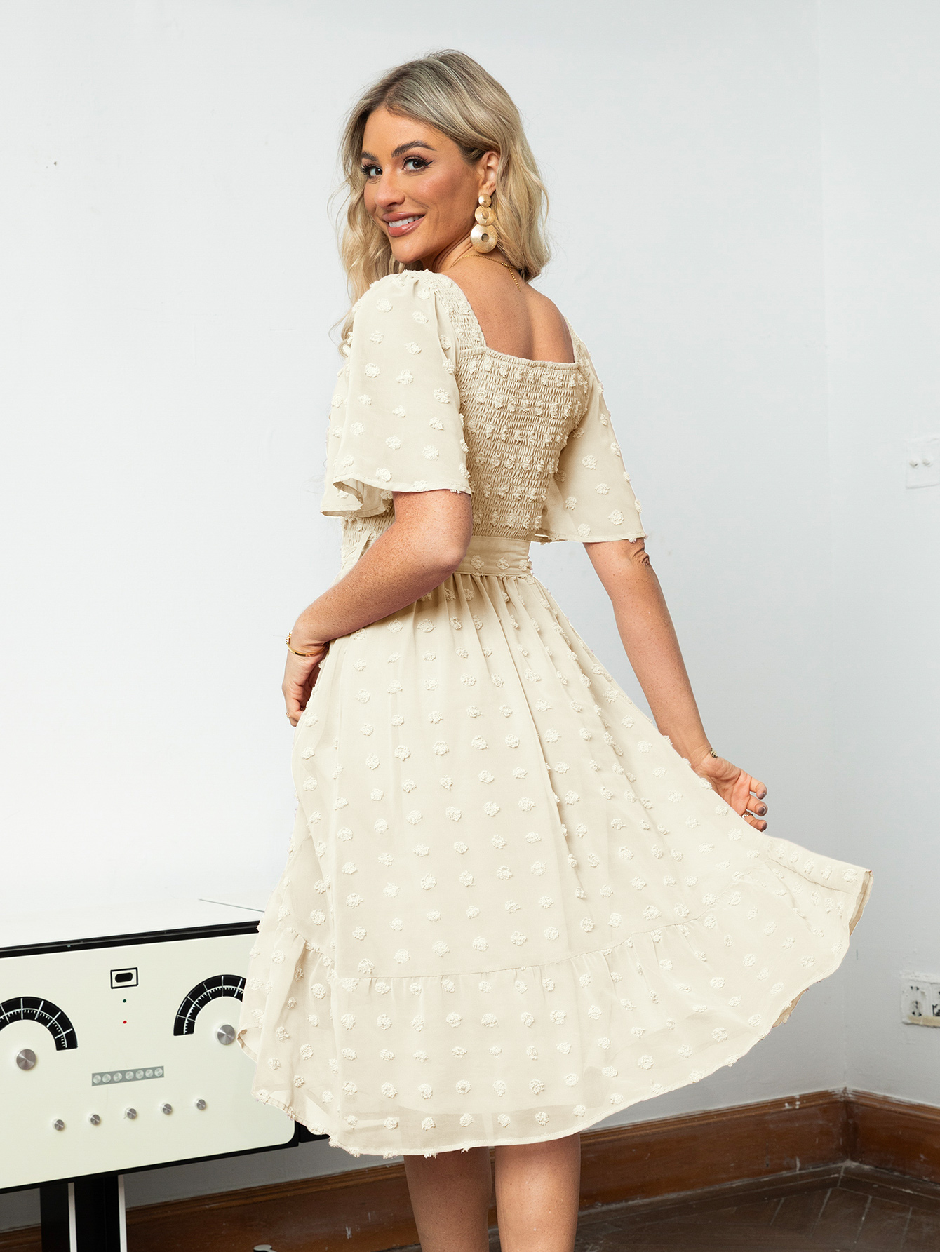 Square Neck Swiss Dot Ruffle Tie Waist Midi Dress - Beige