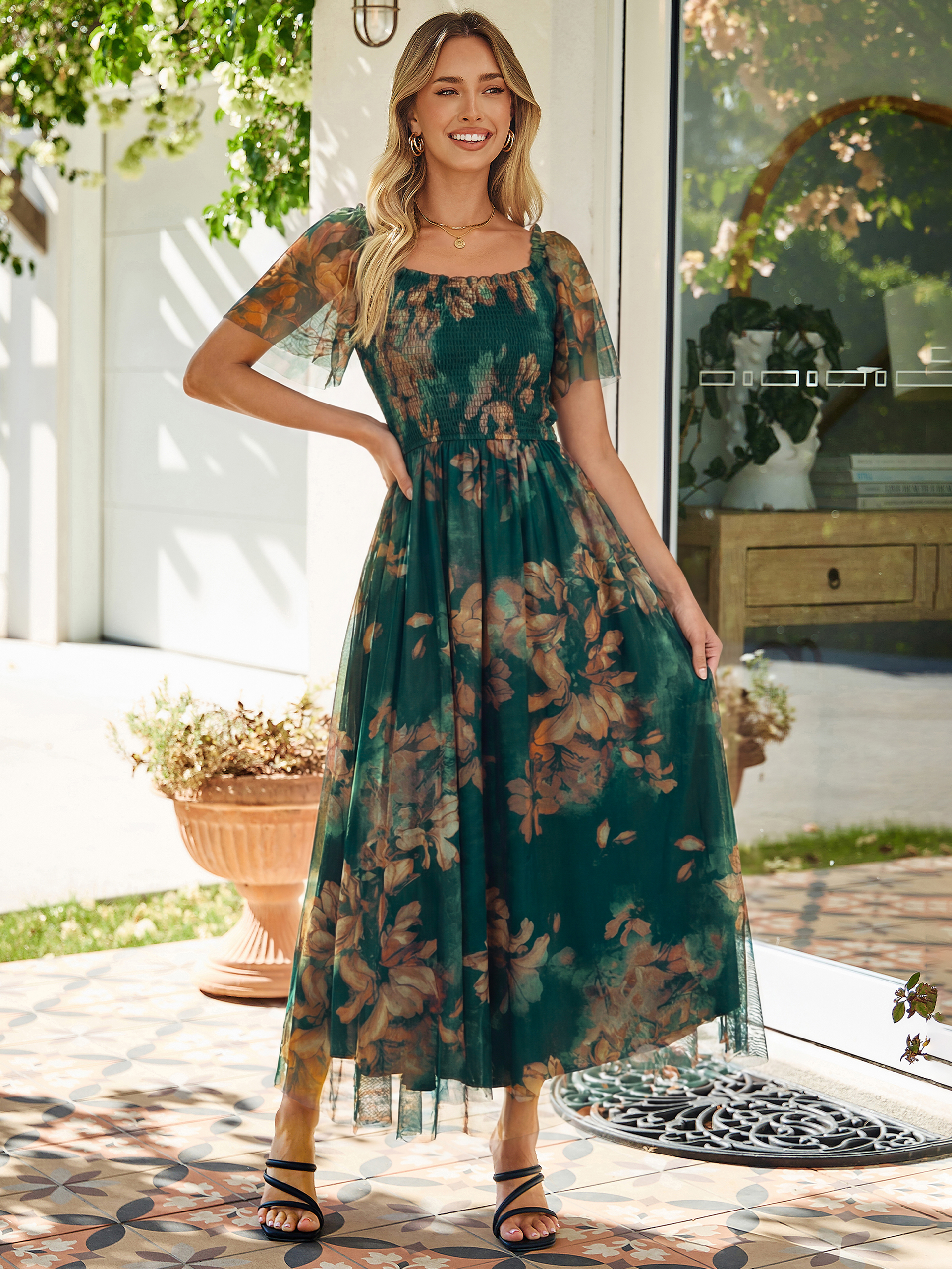 Floral Square Neck Smocked Flutter Sleeve Maxi Dress - Floral Green Brown