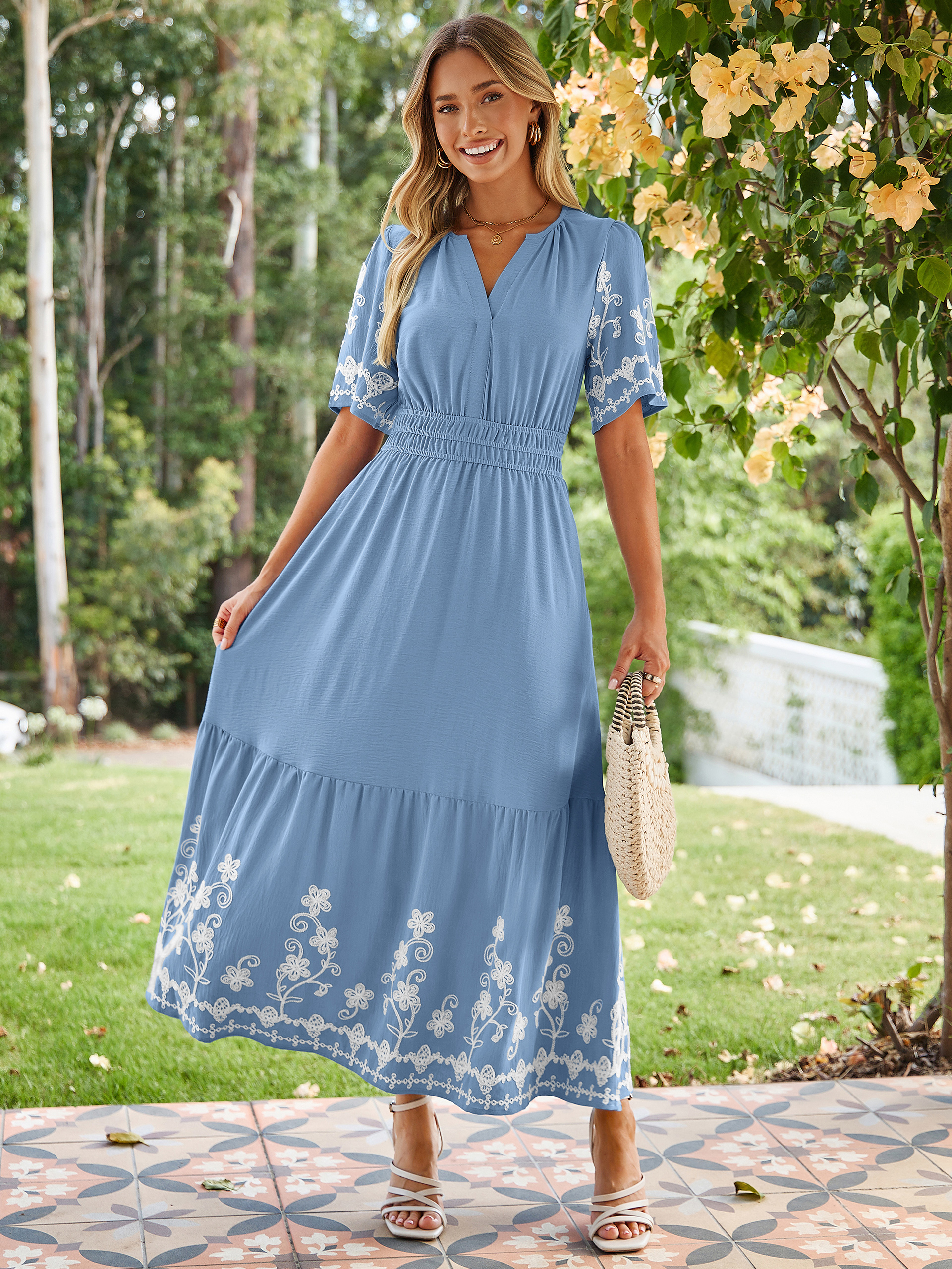 Floral Embroidery V-Neck A-Line Maxi Dress - Grey Blue