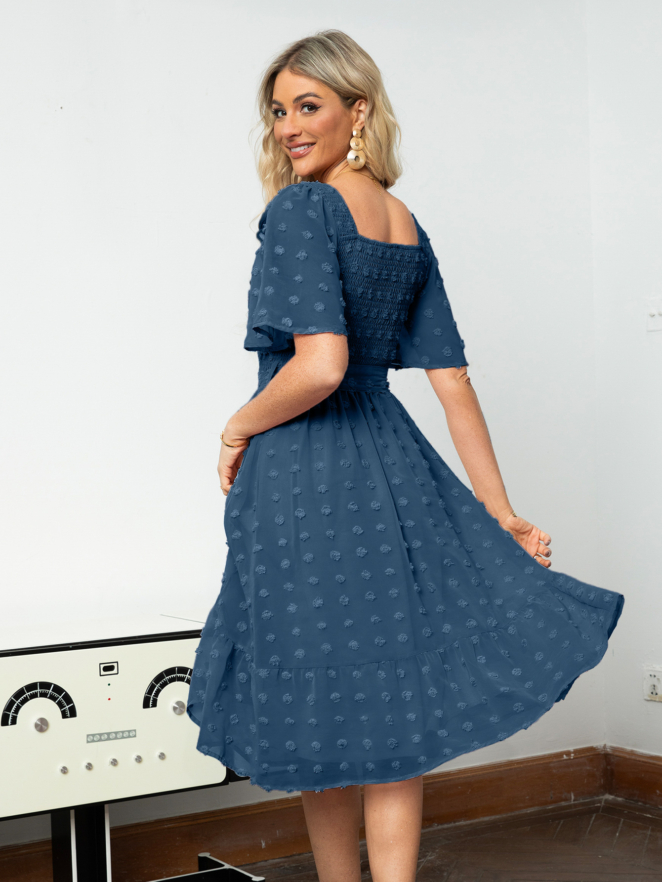 Square Neck Swiss Dot Ruffle Tie Waist Midi Dress - Navy Blue