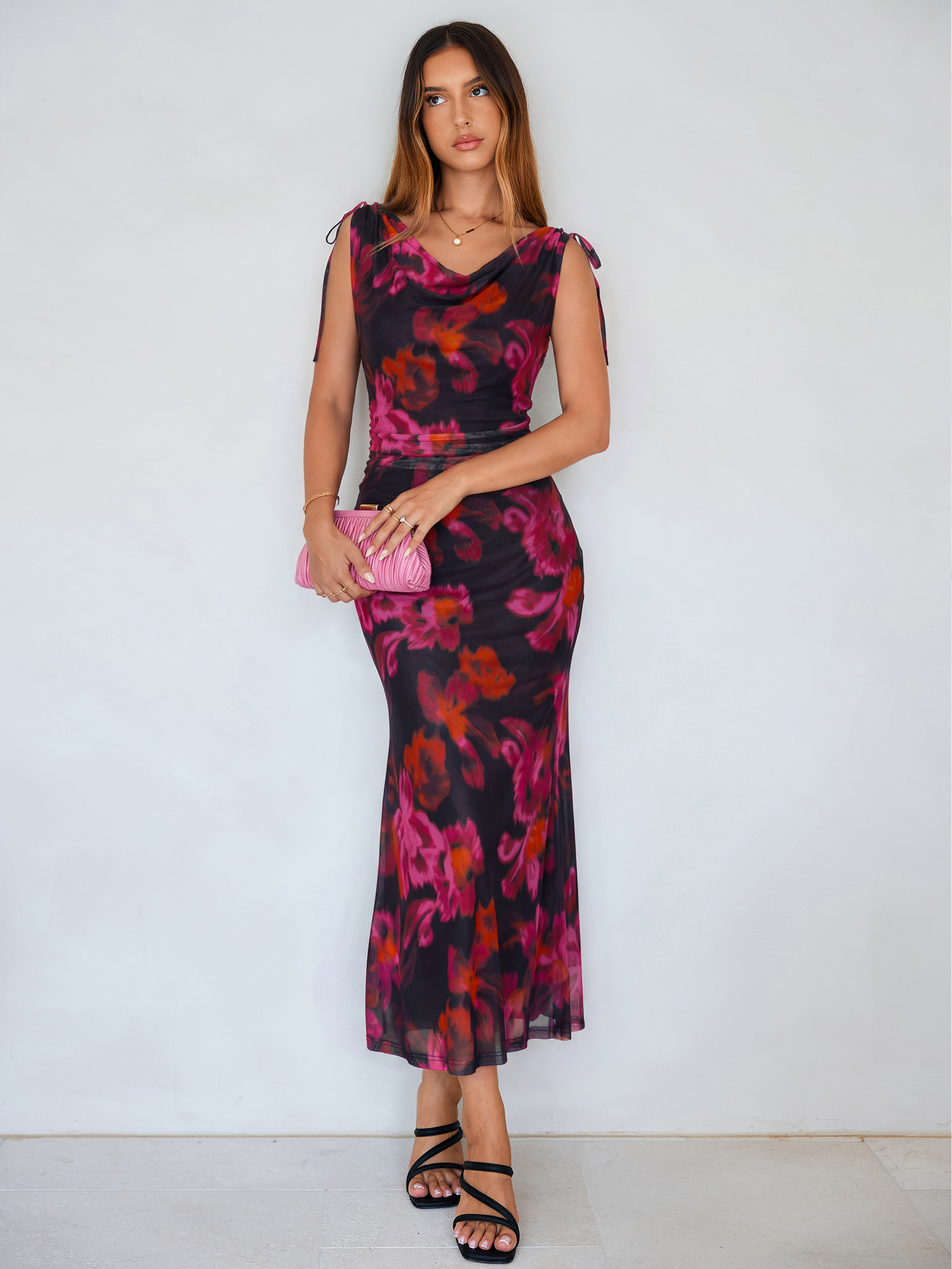 Floral Off Shoulder Mesh Bodycon Maxi Dress