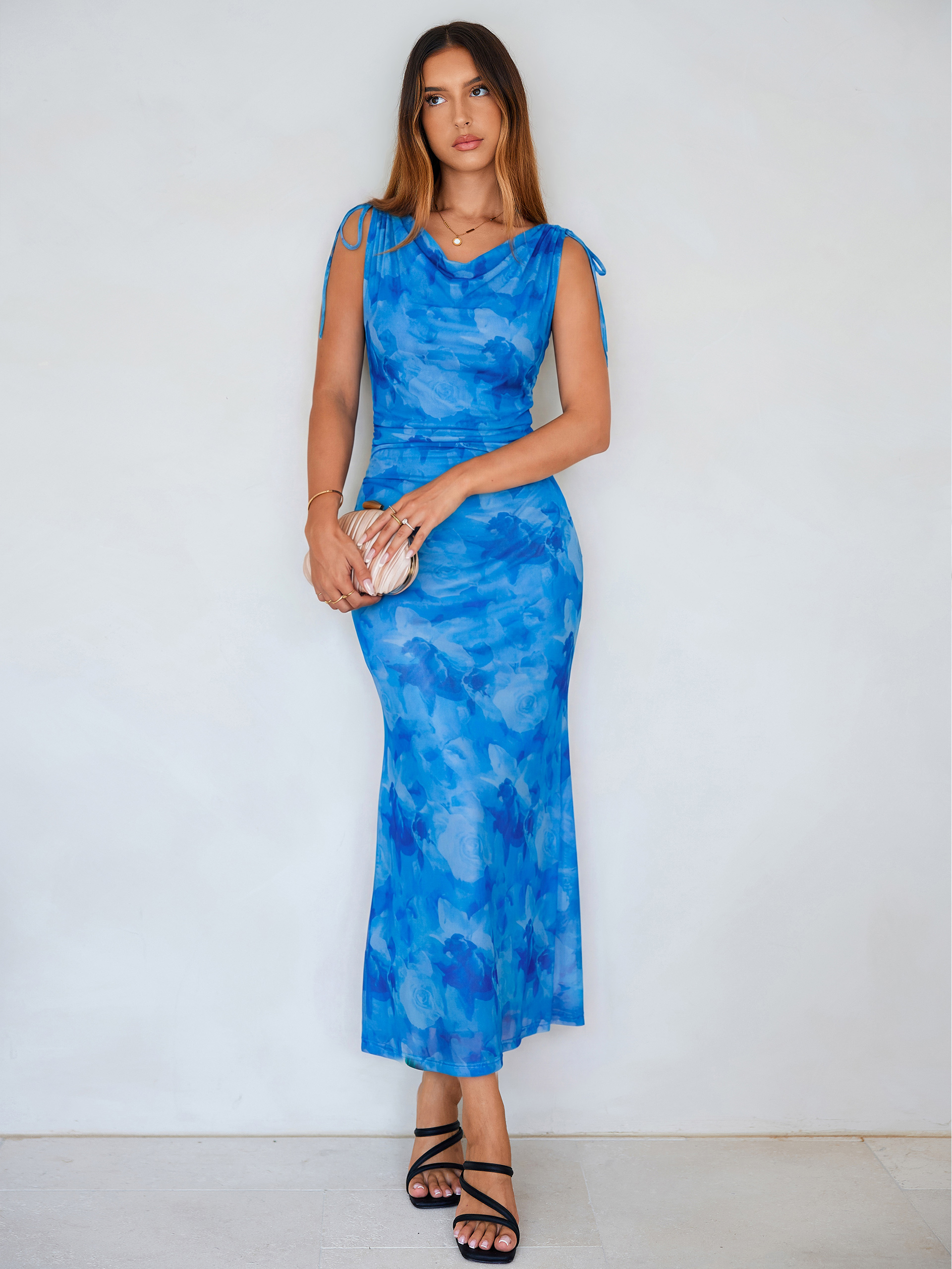 Floral Off Shoulder Mesh Bodycon Maxi Dress