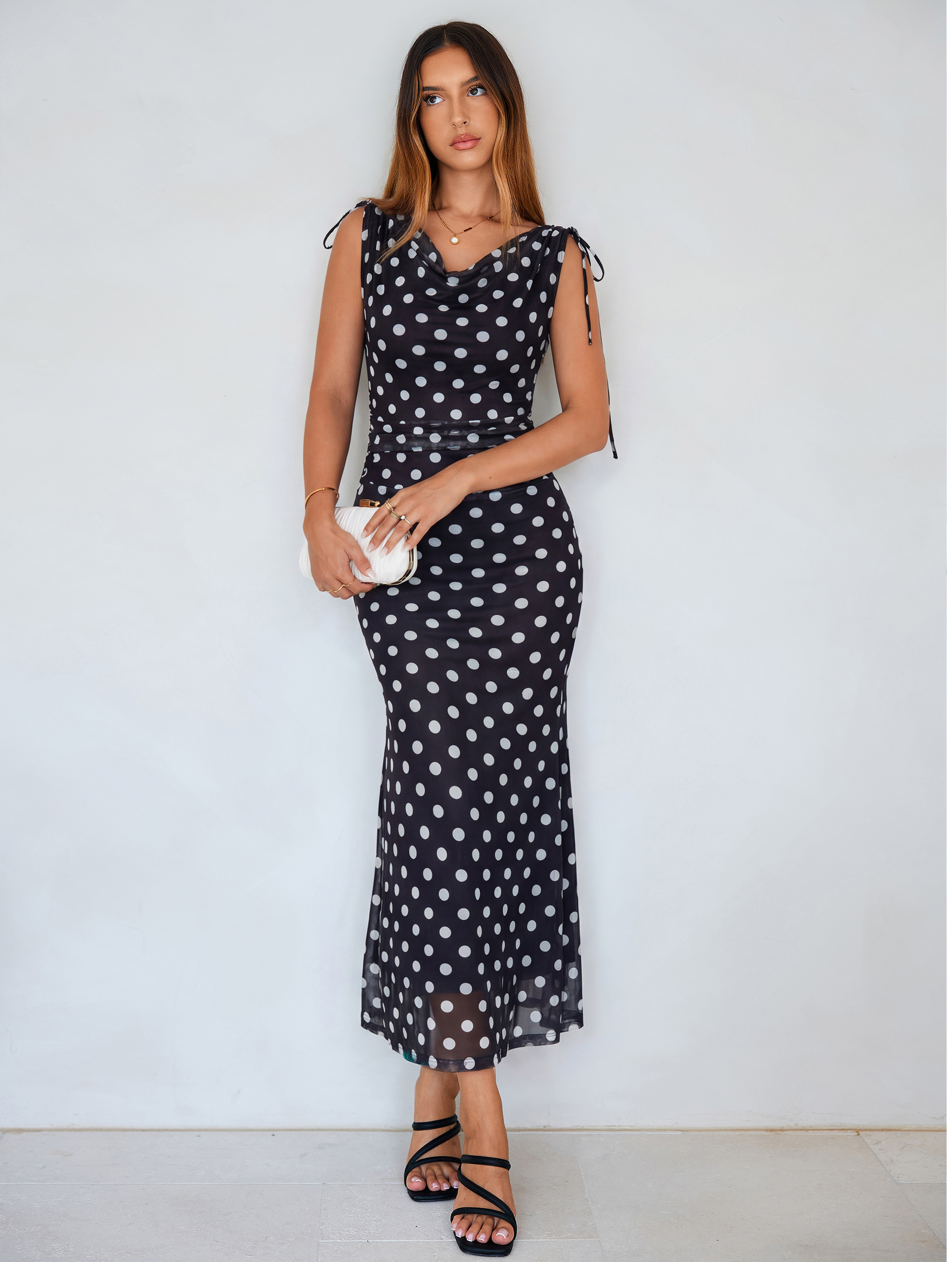 Polka Dot Off Shoulder Mesh Bodycon Maxi Dress