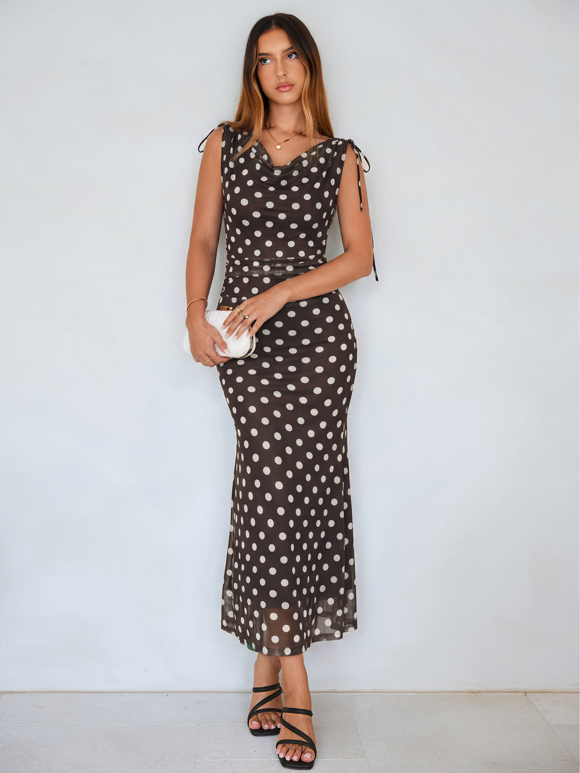 Polka Dot Off Shoulder Mesh Bodycon Maxi Dress