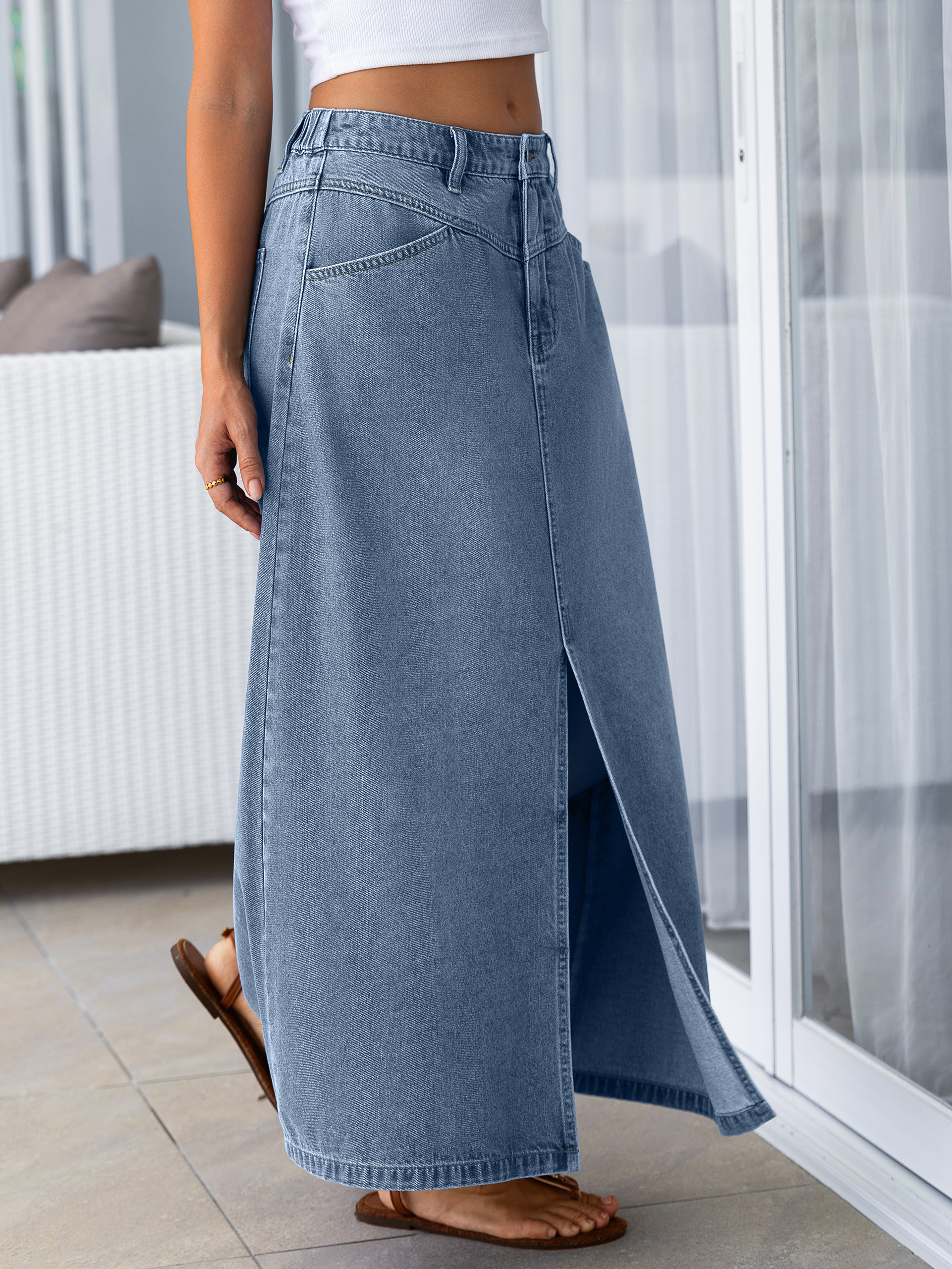 High Waisted Front Slit A-Line Denim Maxi Skirt