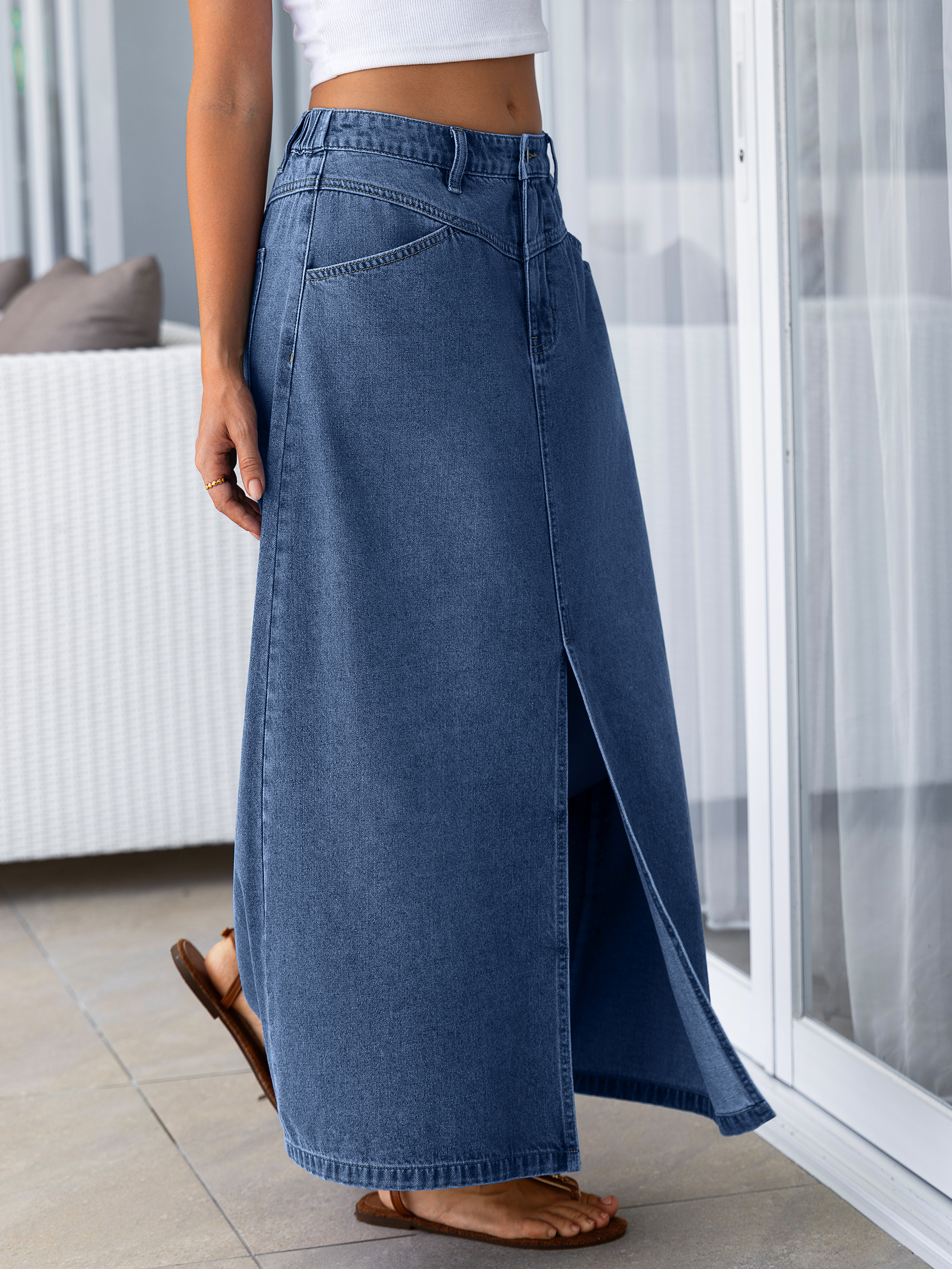 High Waisted Front Slit A-Line Denim Maxi Skirt