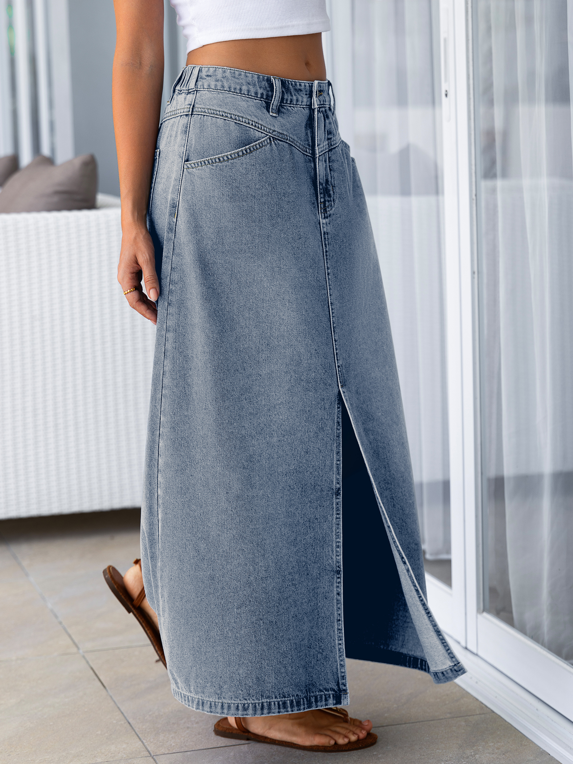 High Waisted Front Slit A-Line Denim Maxi Skirt