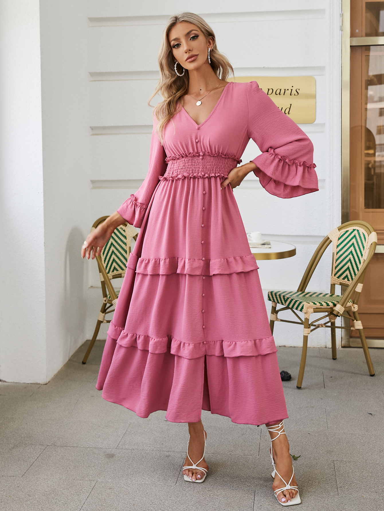Long Sleeve Tiered Ruffle Smocked Flare Maxi Dress