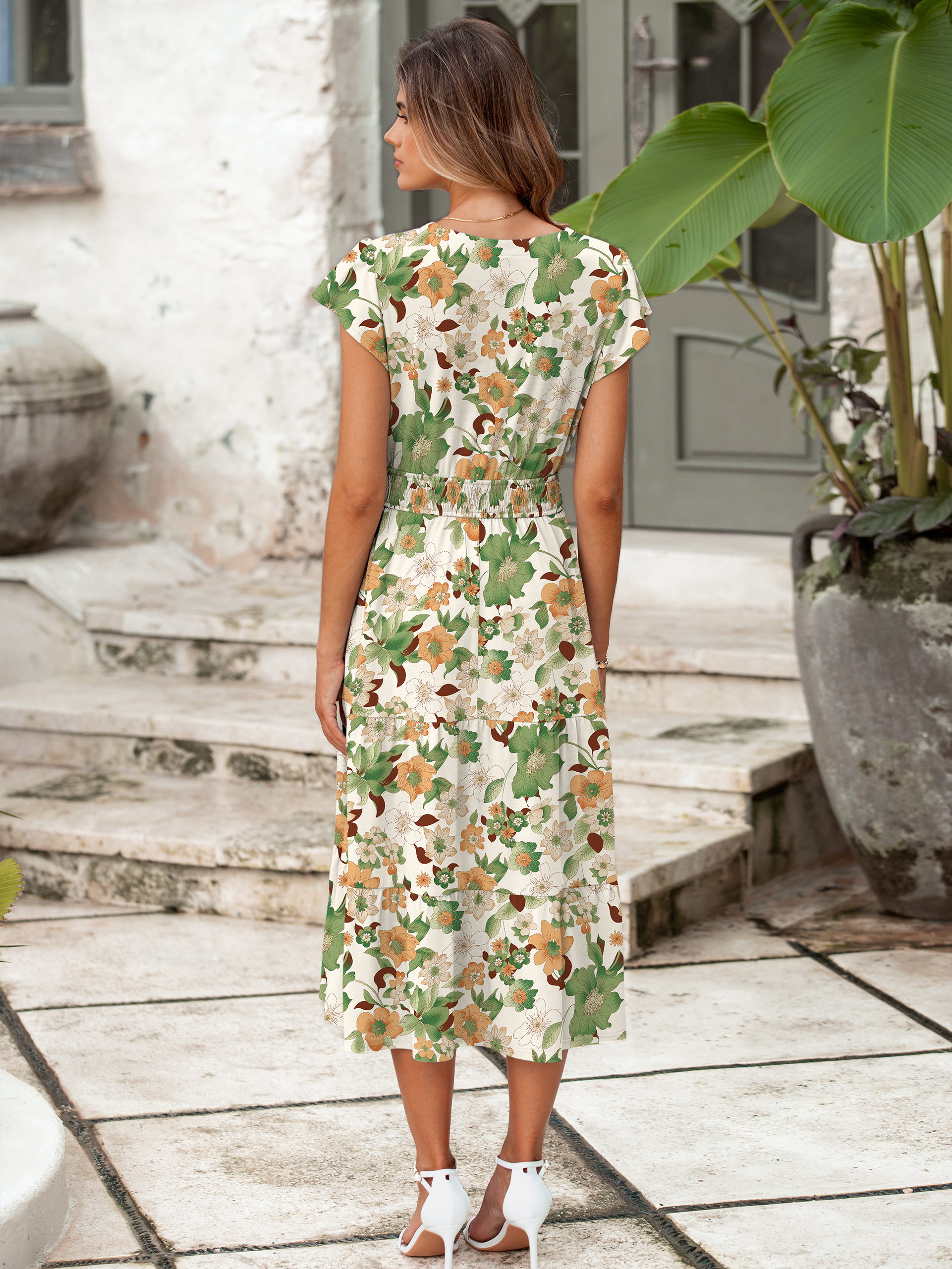 Boho Floral Flutter Sleeve Smocked Midi Dress - Orange Green