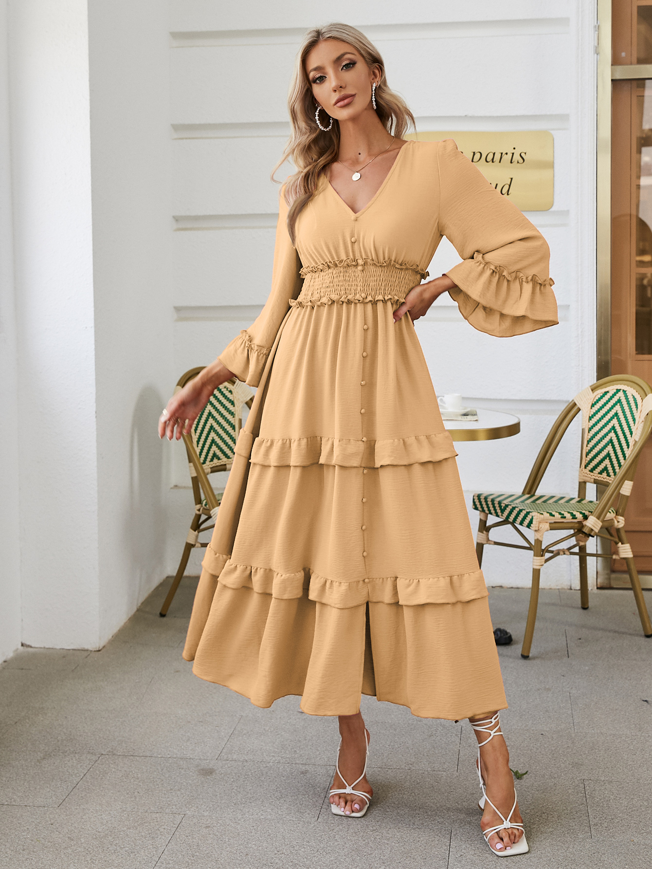 Long Sleeve Tiered Ruffle Smocked Flare Maxi Dress