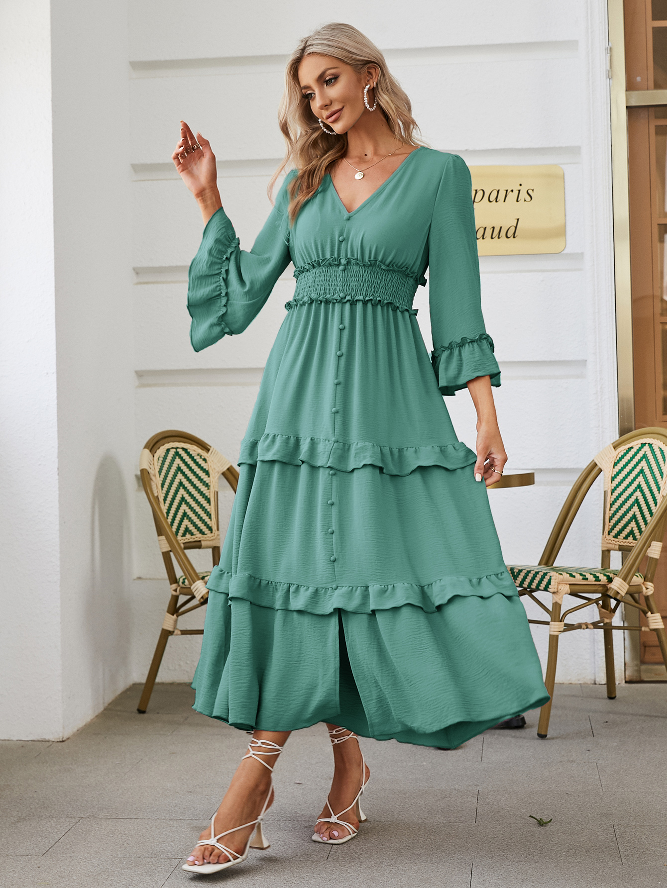 Long Sleeve Tiered Ruffle Smocked Flare Maxi Dress