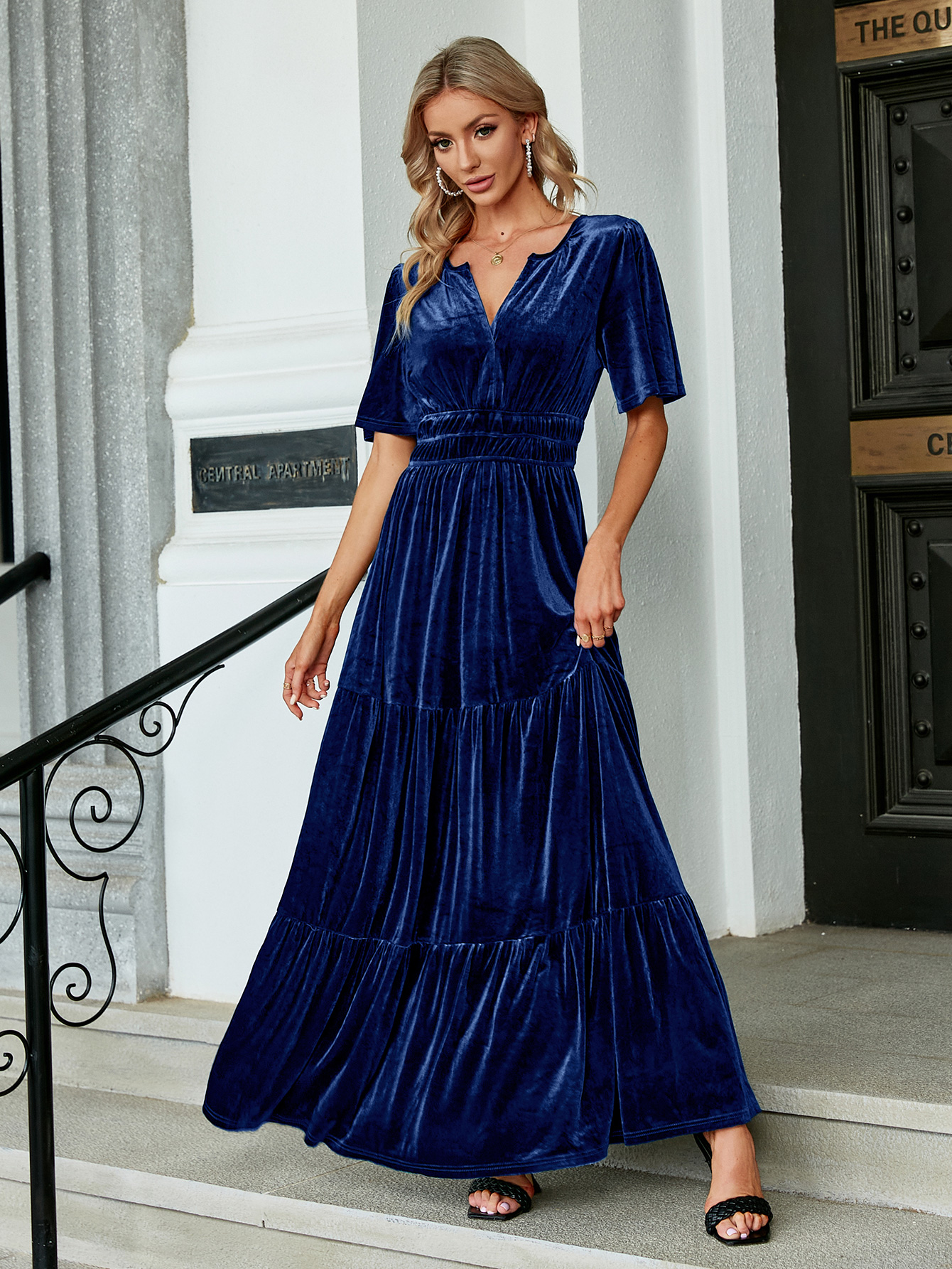Velvet V-Neck Ruffle Tiered Wedding Guest Maxi Dress