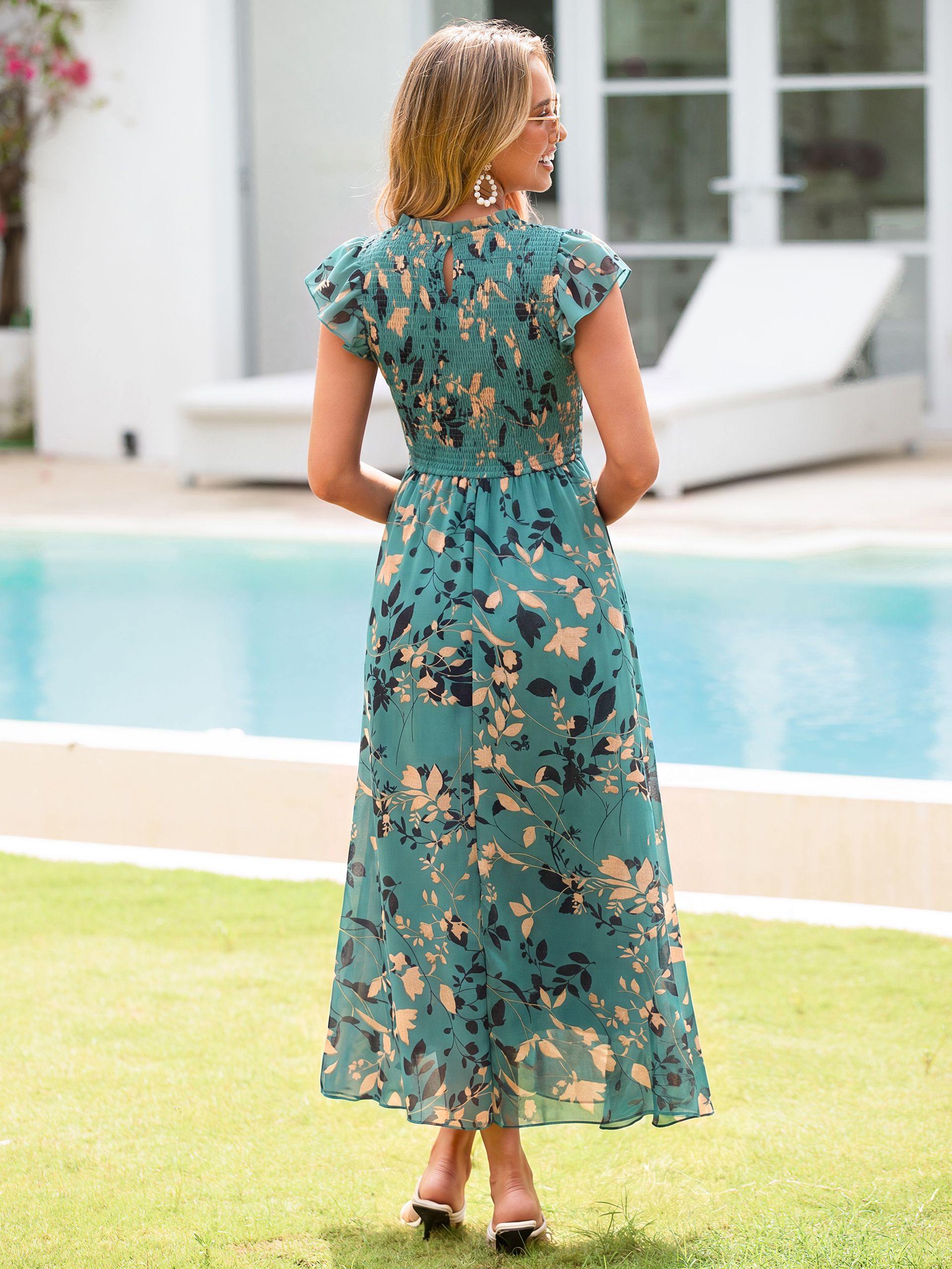 Smocked Bodice Chiffon Floral Maxi Dress