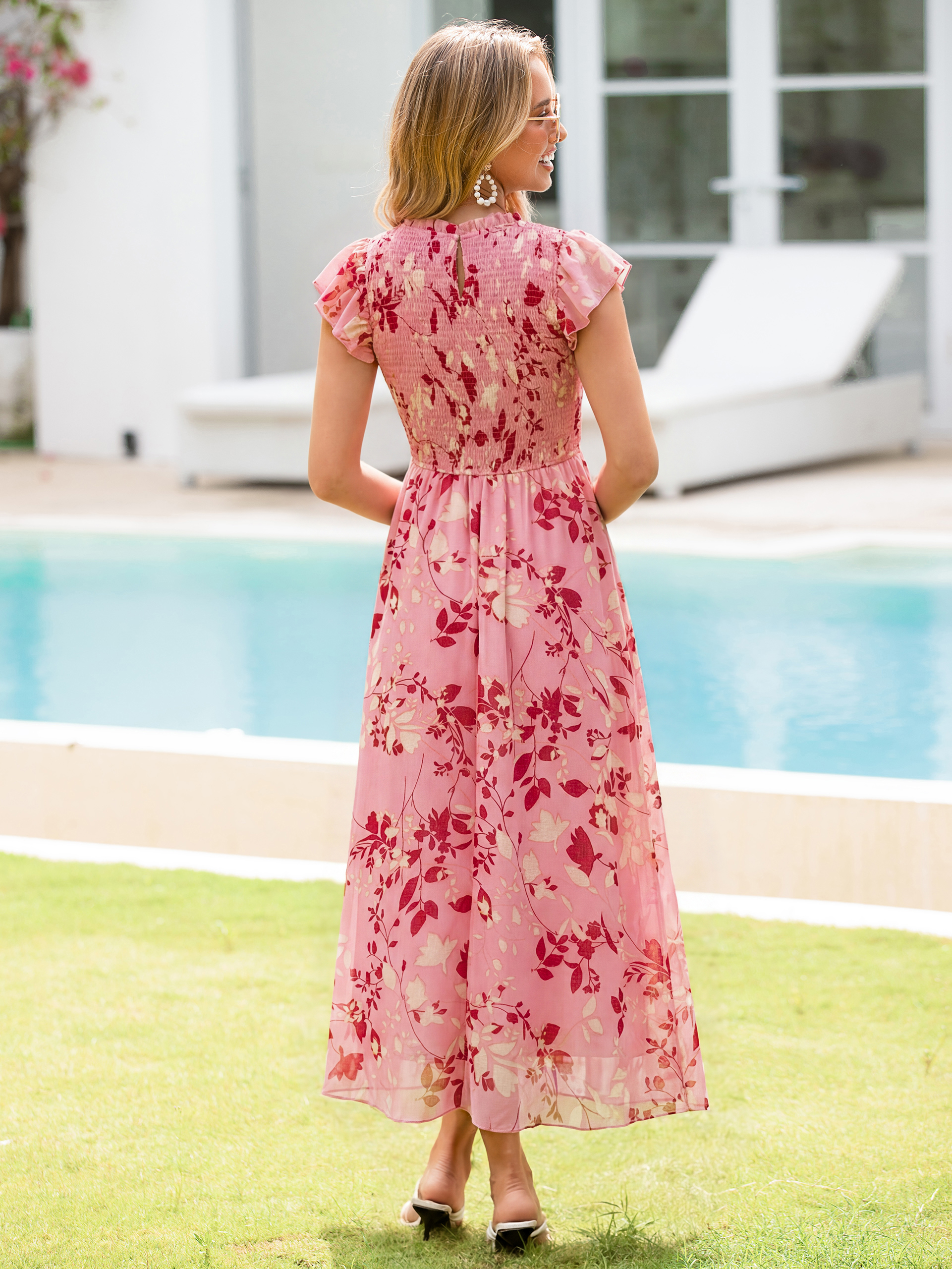 Smocked Bodice Chiffon Floral Maxi Dress