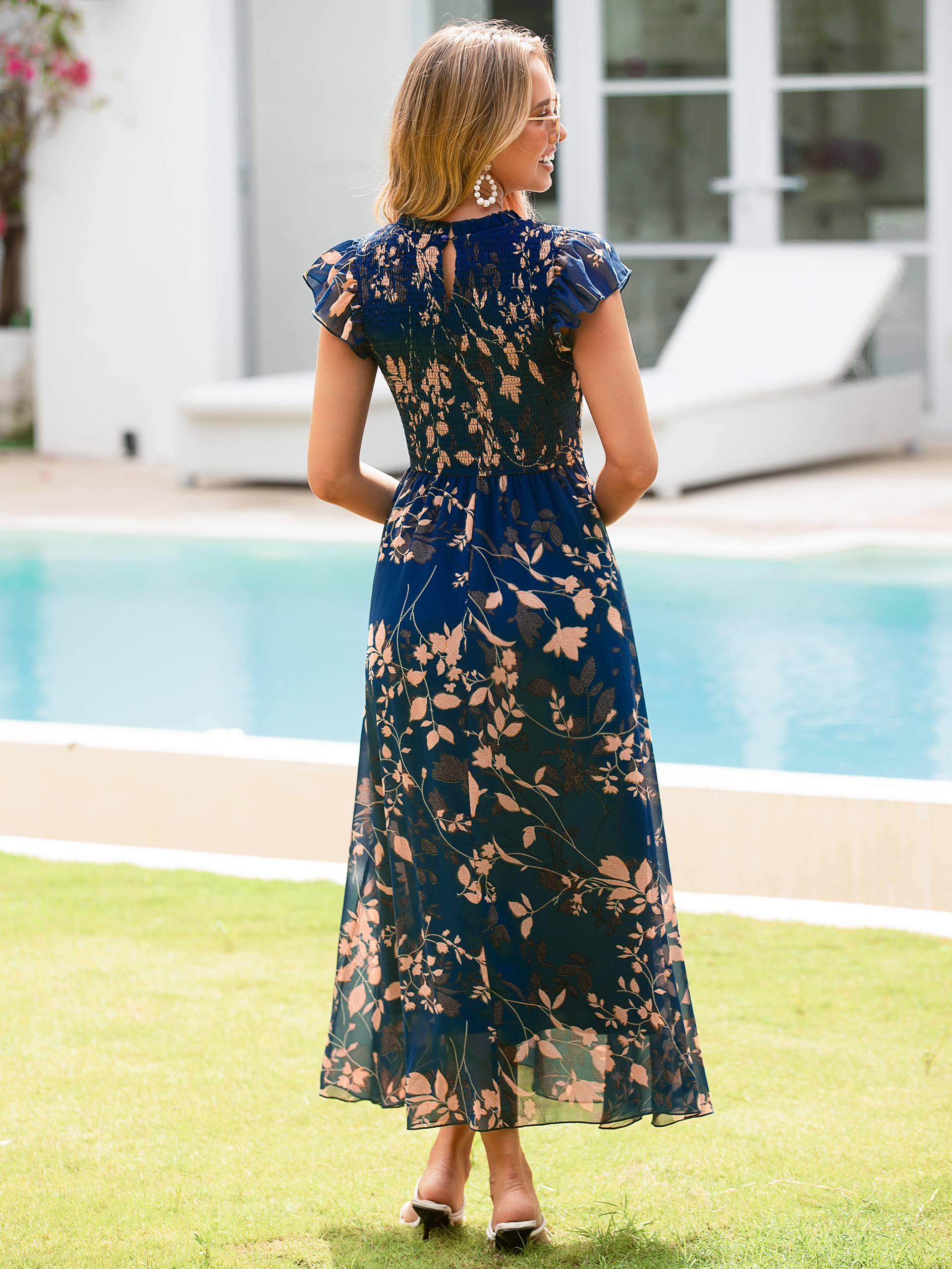 Smocked Bodice Chiffon Floral Maxi Dress
