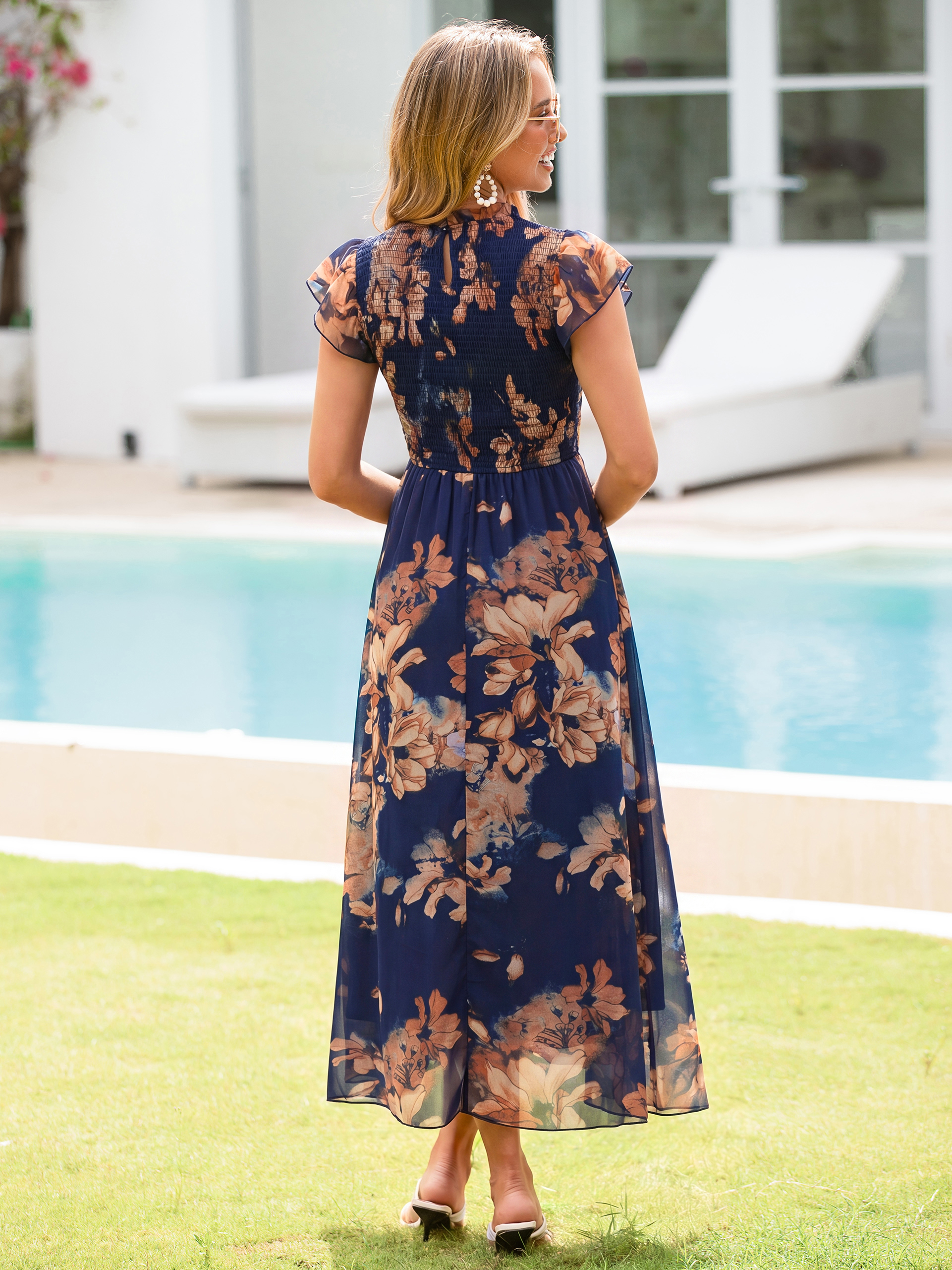 Smocked Bodice Chiffon Floral Maxi Dress