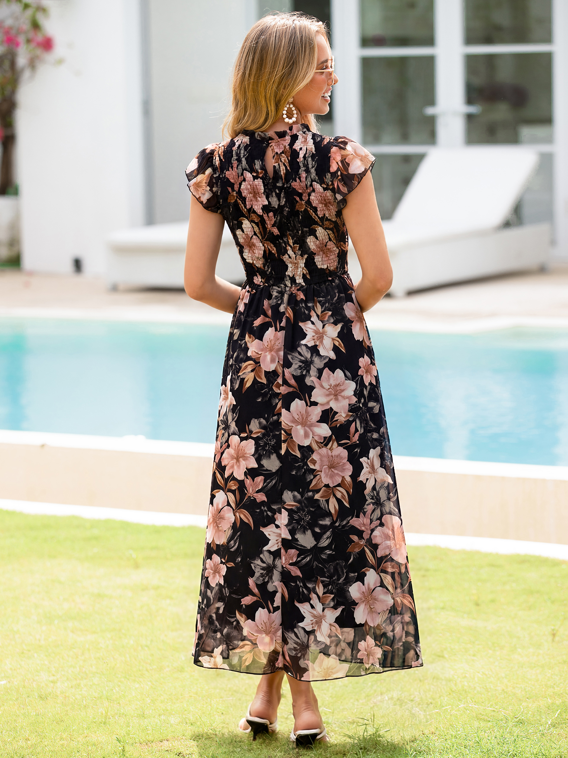 Smocked Bodice Chiffon Floral Maxi Dress