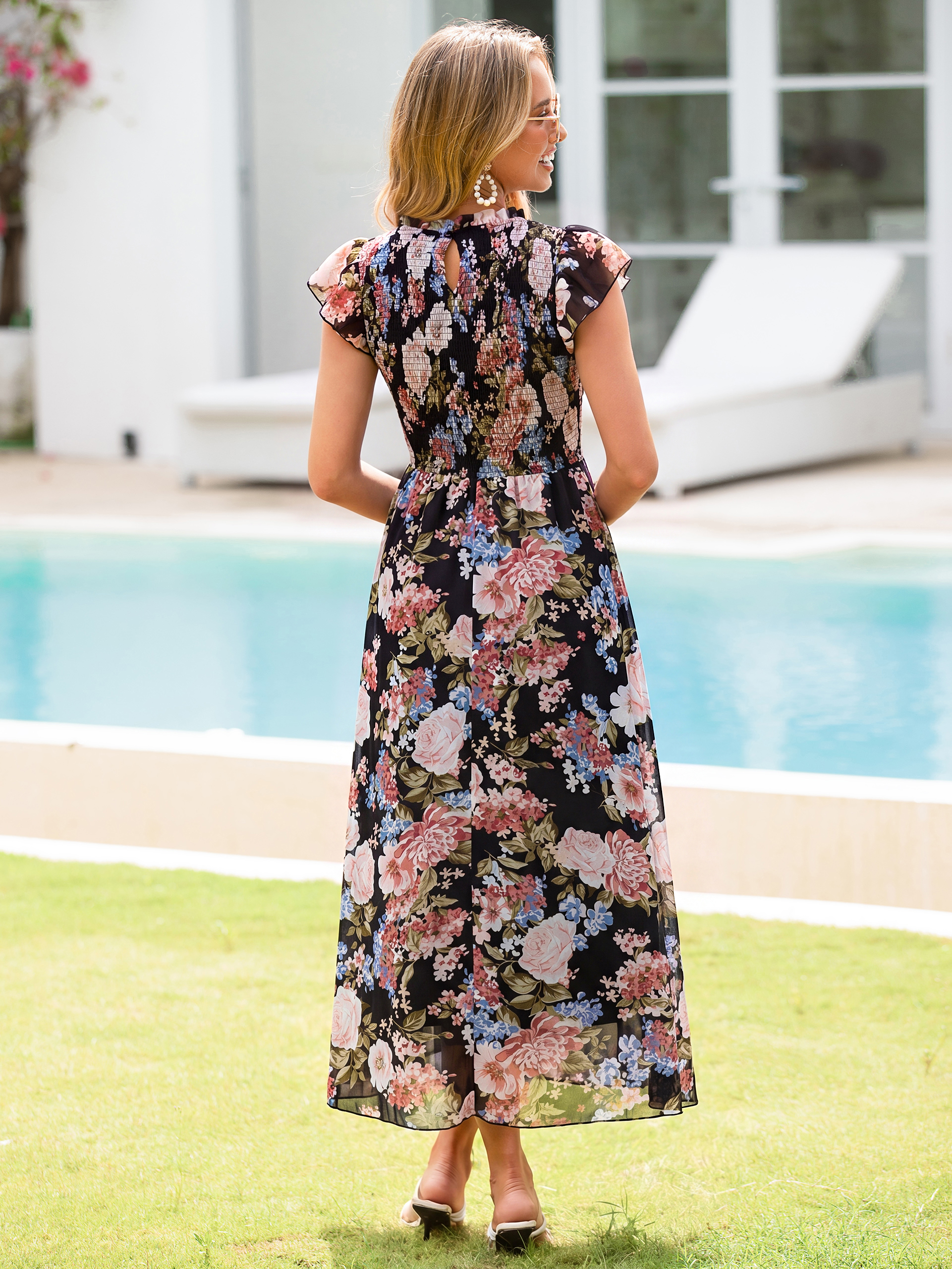 Smocked Bodice Chiffon Floral Maxi Dress
