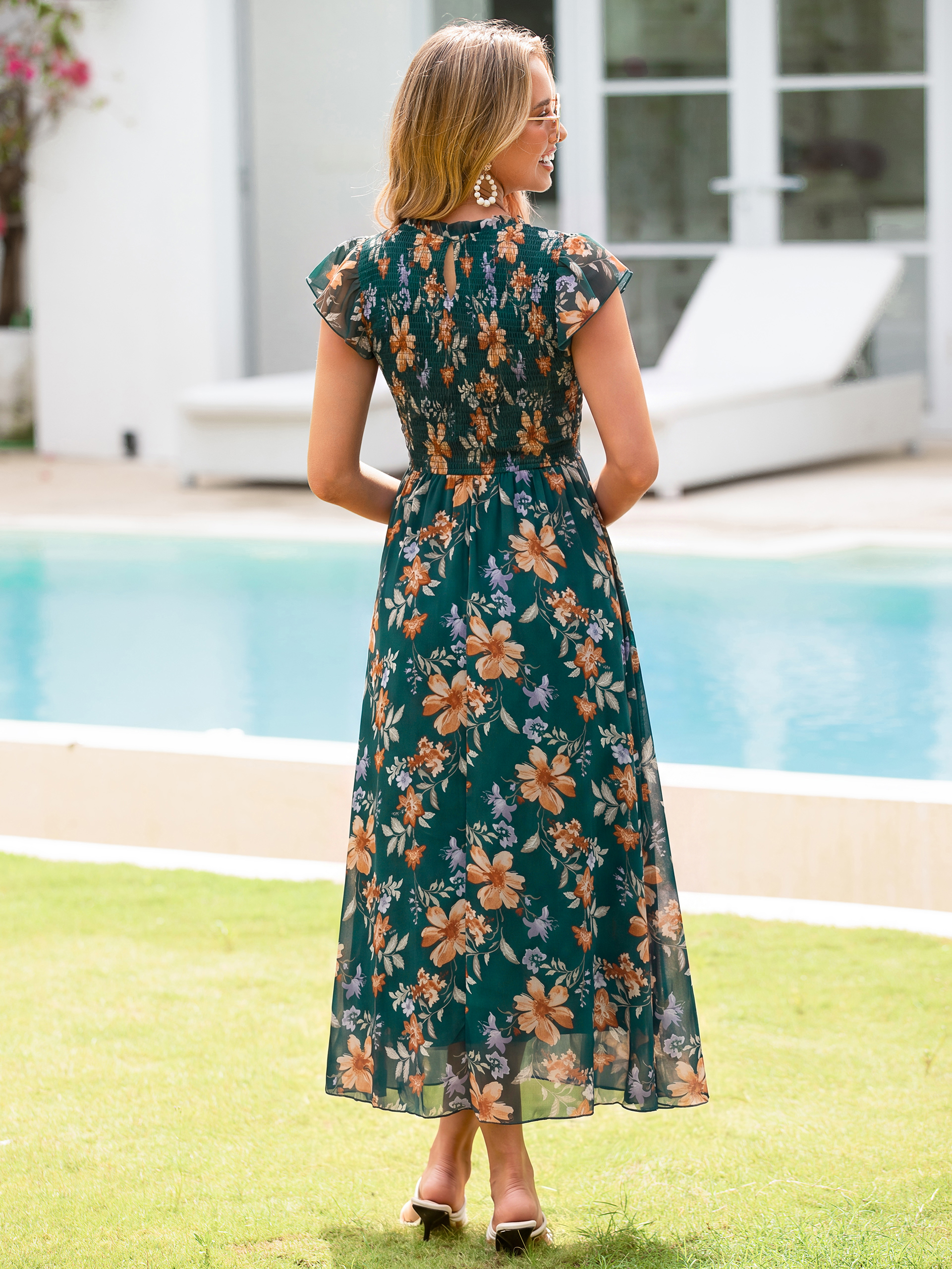 Smocked Bodice Chiffon Floral Maxi Dress