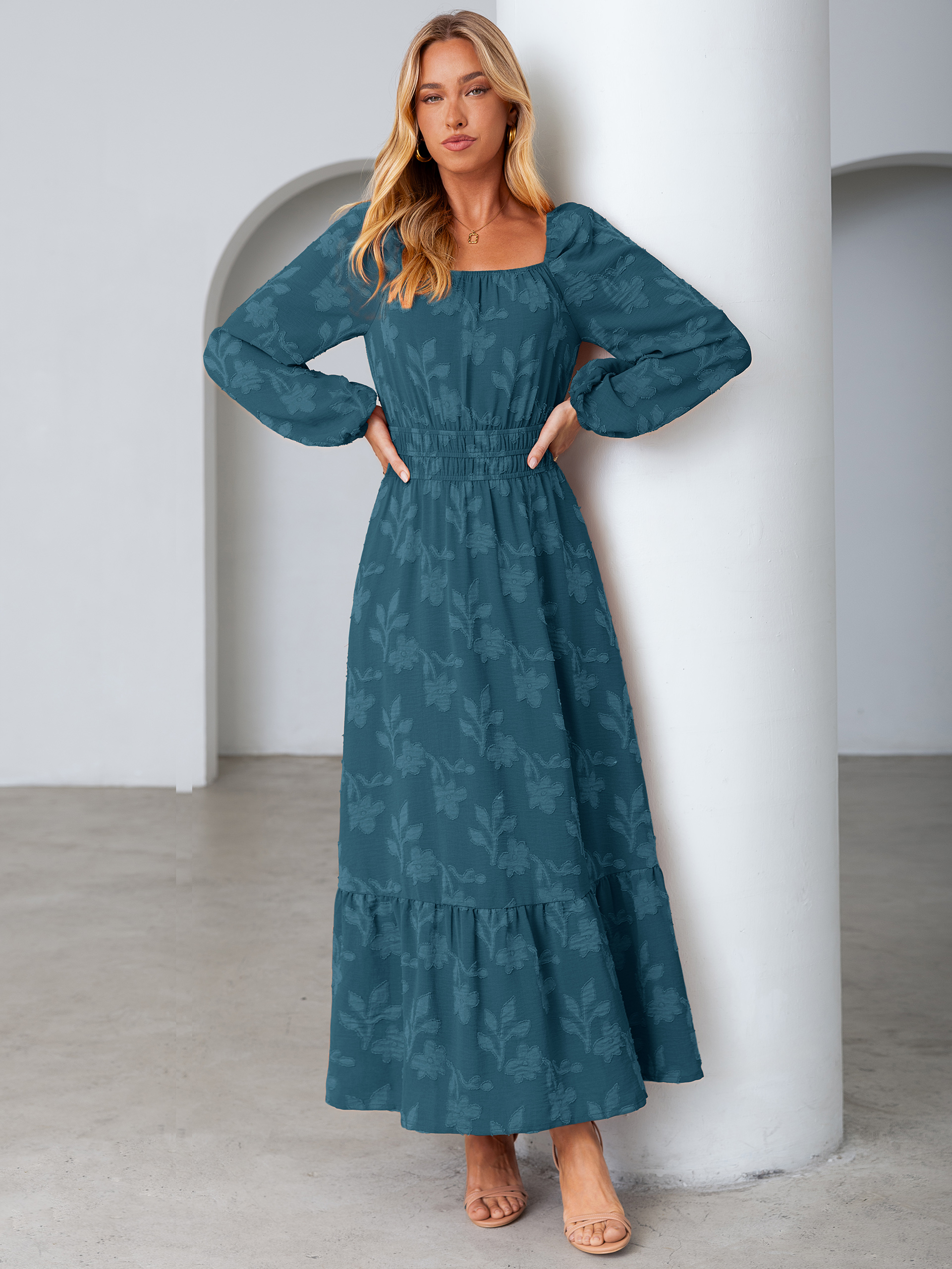 Jacquard Floral Square Neck Wedding Guest Maxi Dress