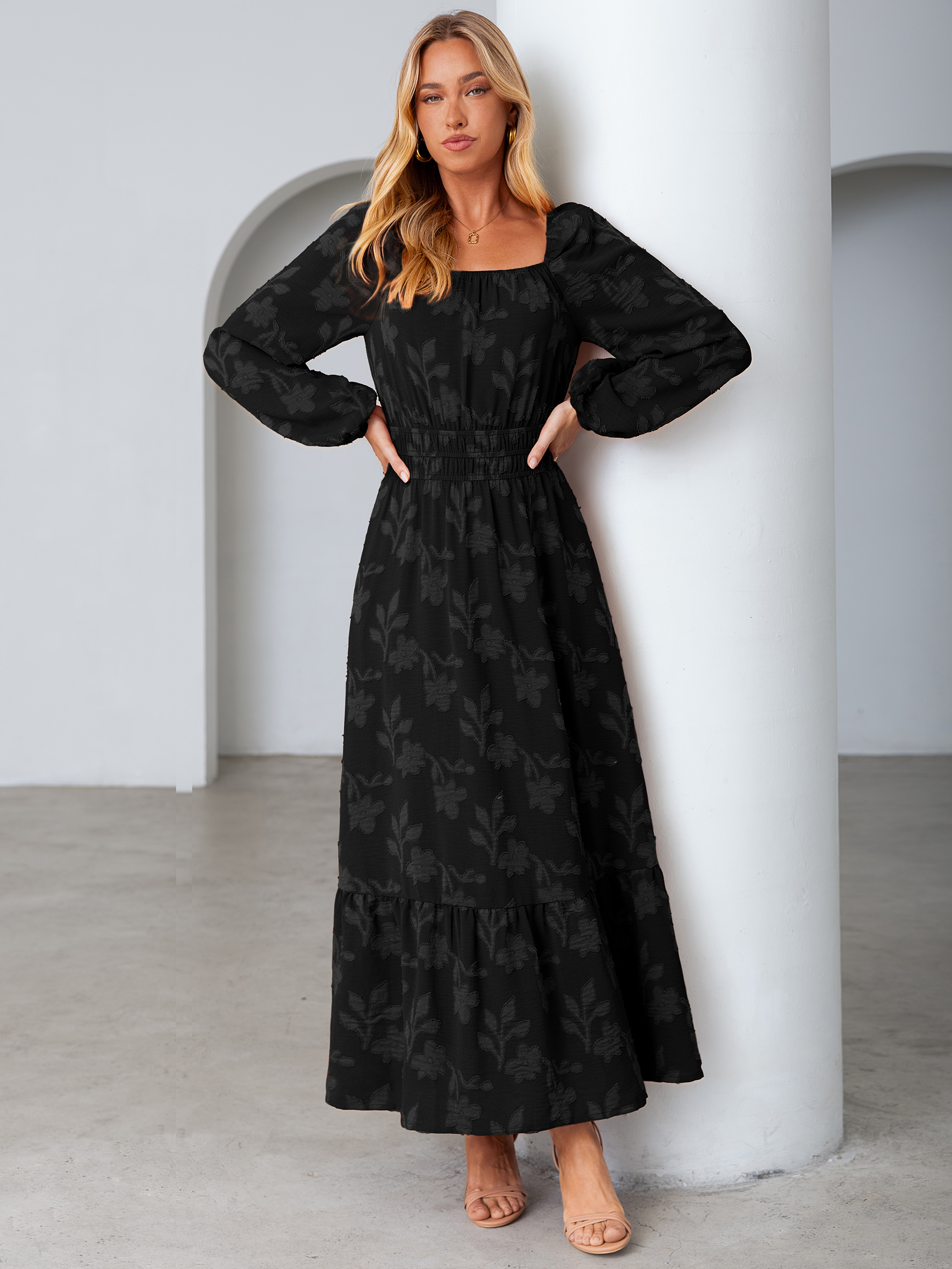 Jacquard Floral Square Neck Wedding Guest Maxi Dress