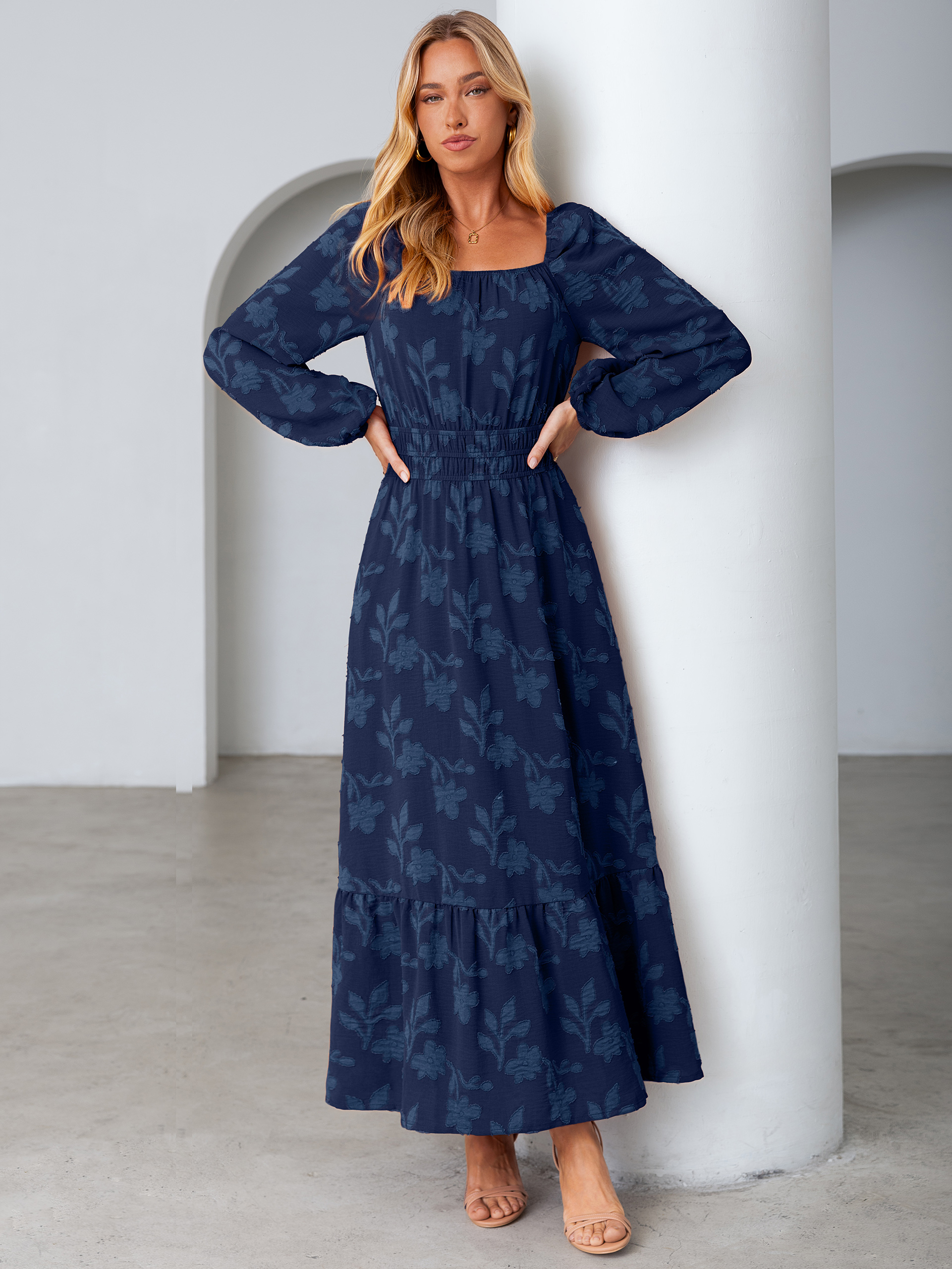Jacquard Floral Square Neck Wedding Guest Maxi Dress