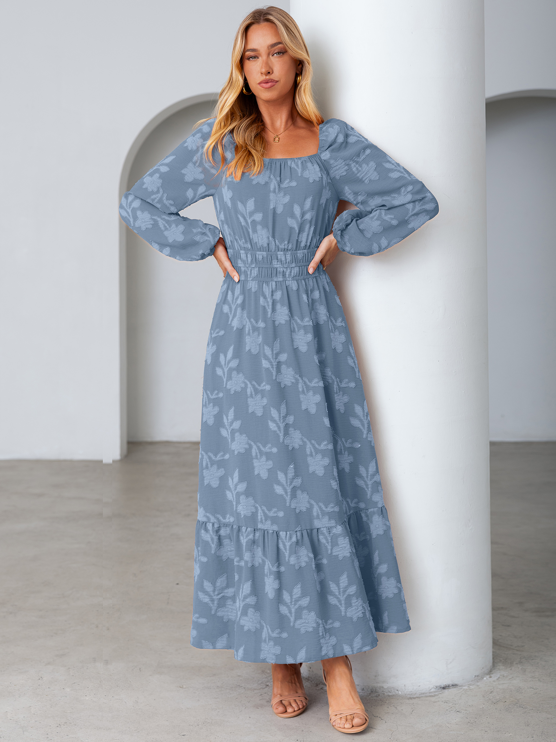 Jacquard Floral Square Neck Wedding Guest Maxi Dress