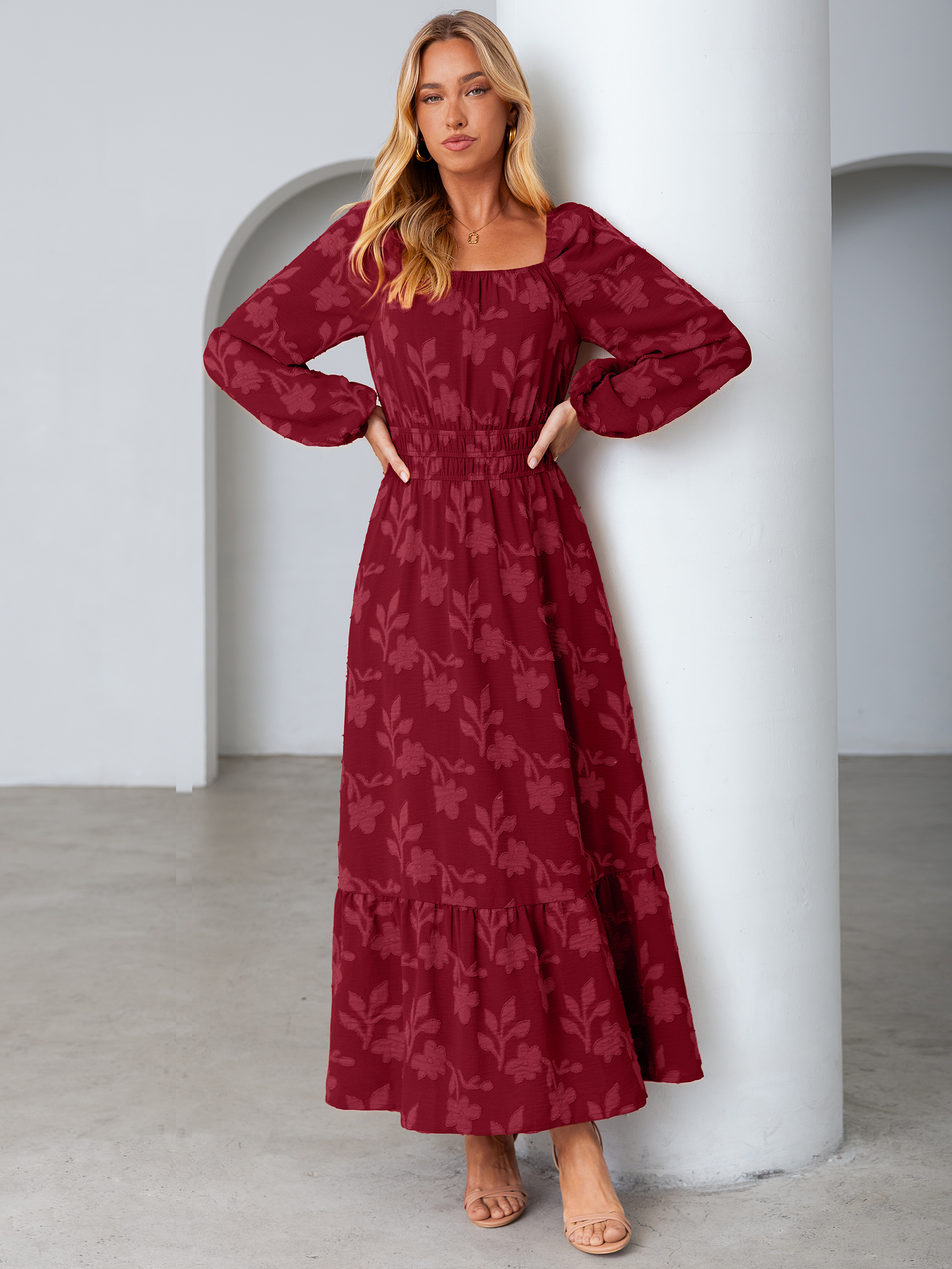 Jacquard Floral Square Neck Wedding Guest Maxi Dress
