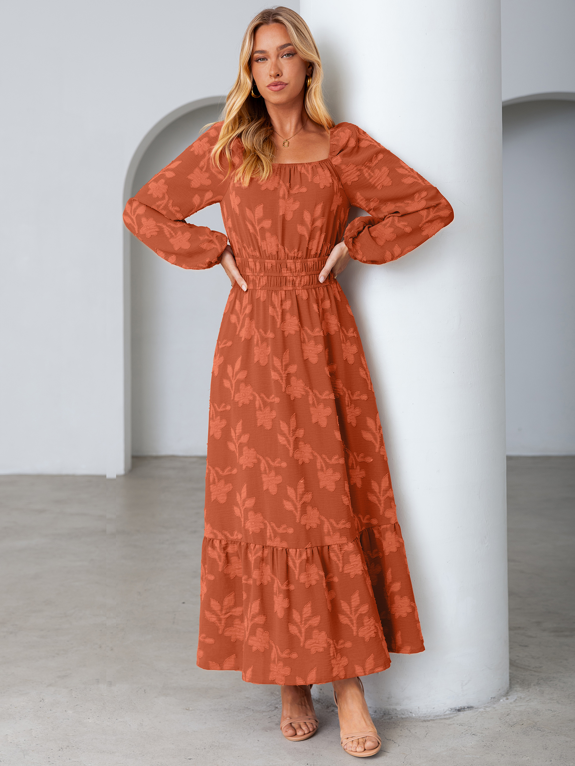 Jacquard Floral Square Neck Wedding Guest Maxi Dress