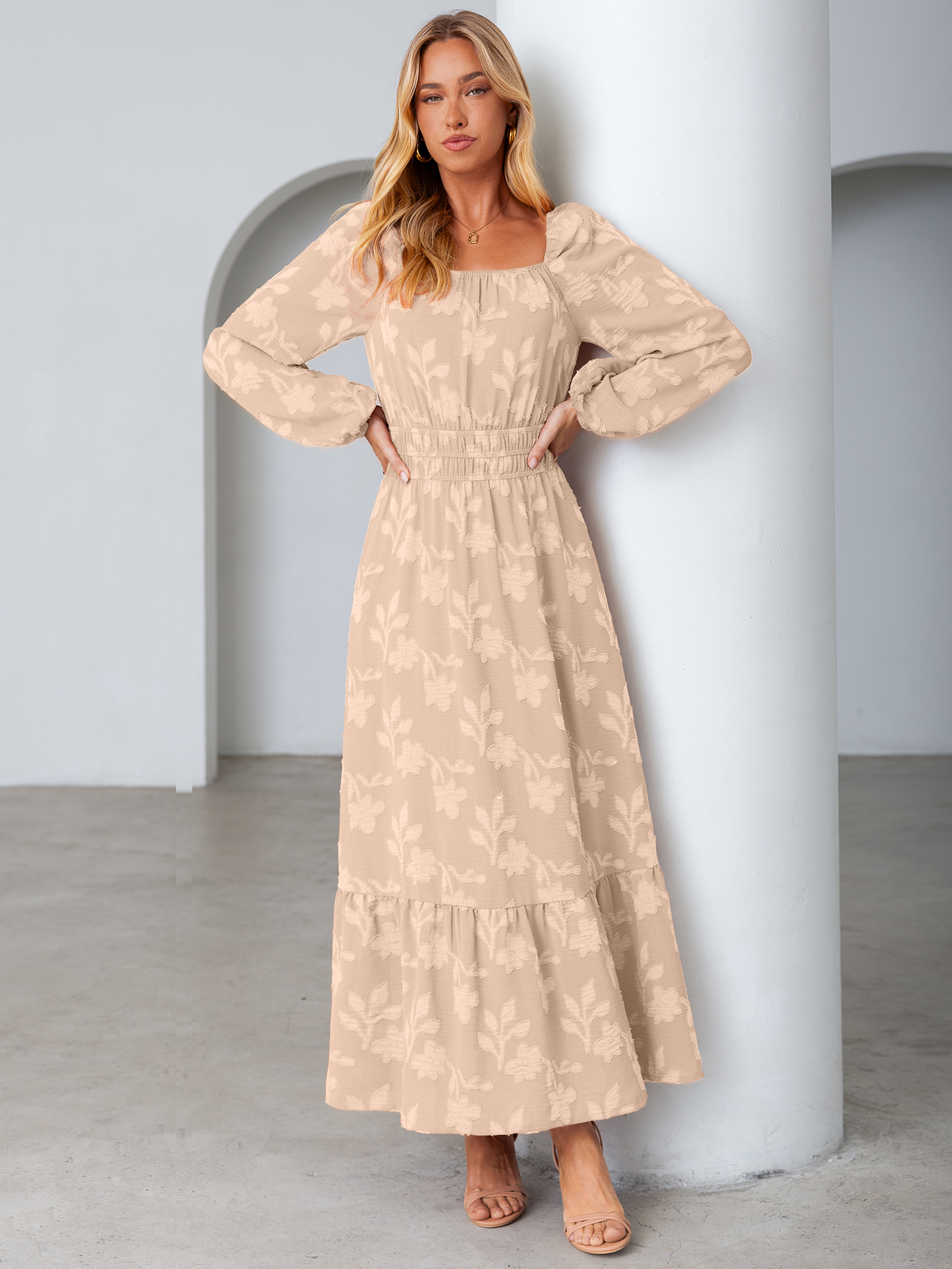 Jacquard Floral Square Neck Wedding Guest Maxi Dress