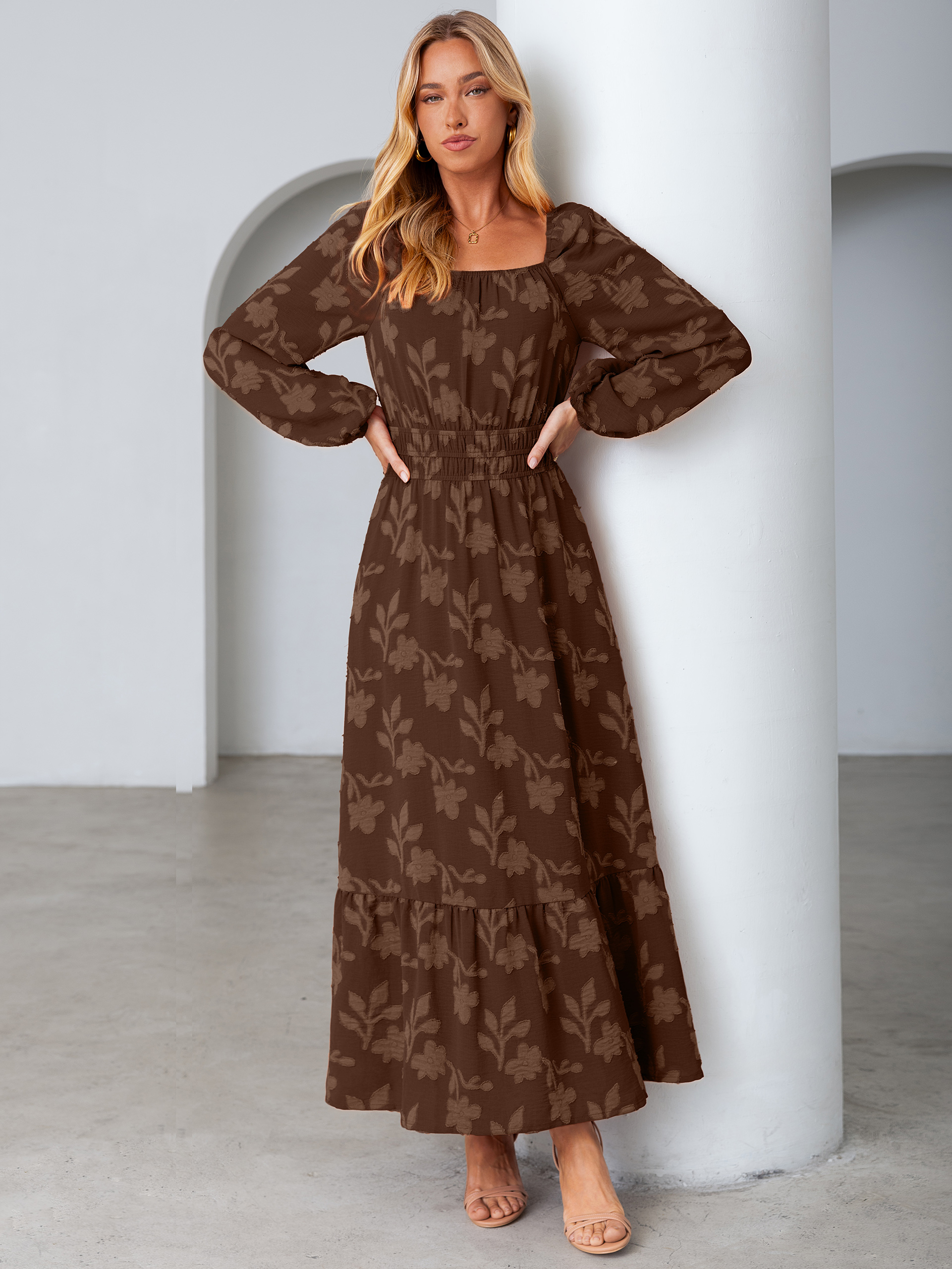 Jacquard Floral Square Neck Wedding Guest Maxi Dress
