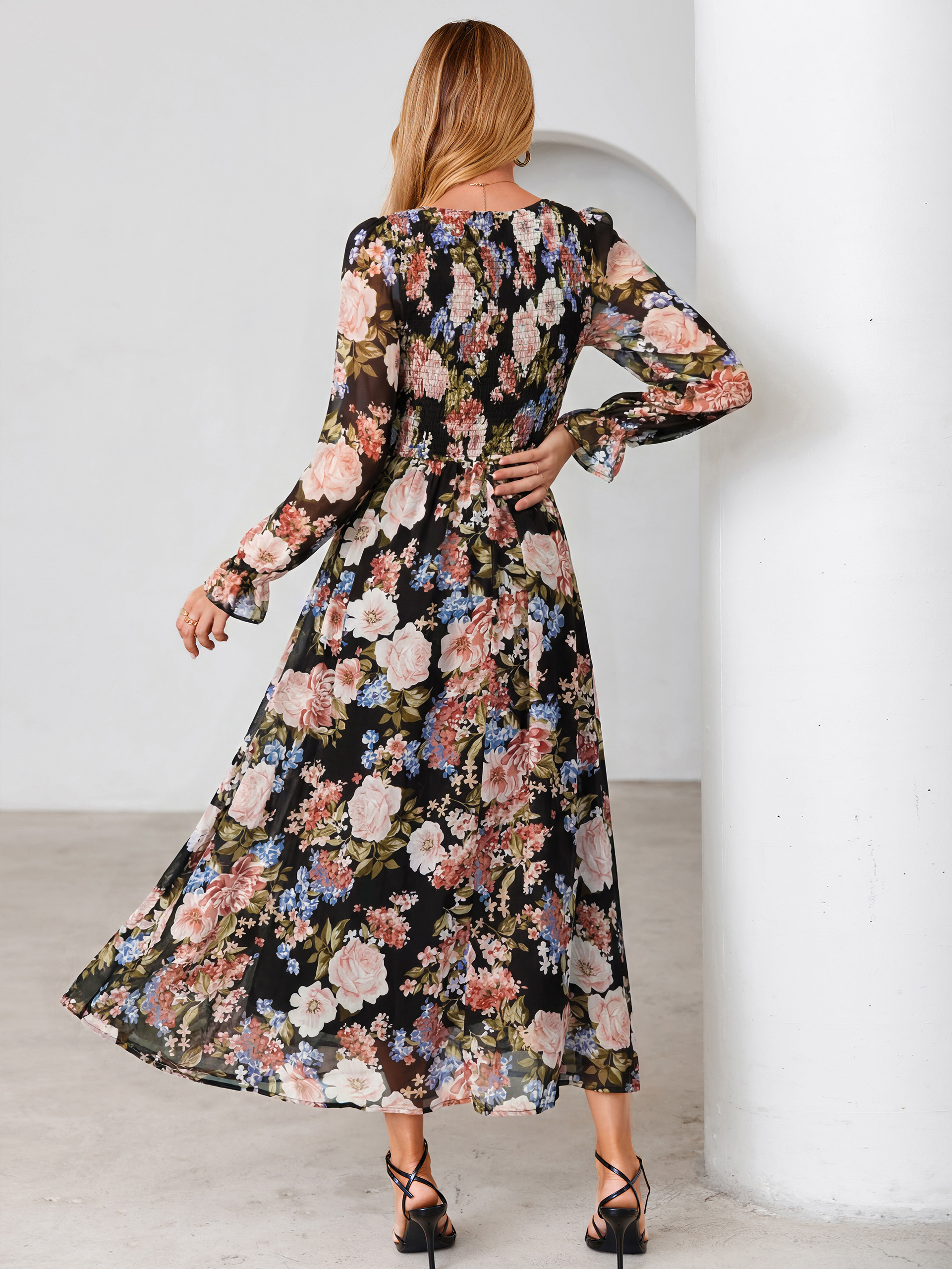 Floral Chiffon Smocked V Neck Maxi Dress