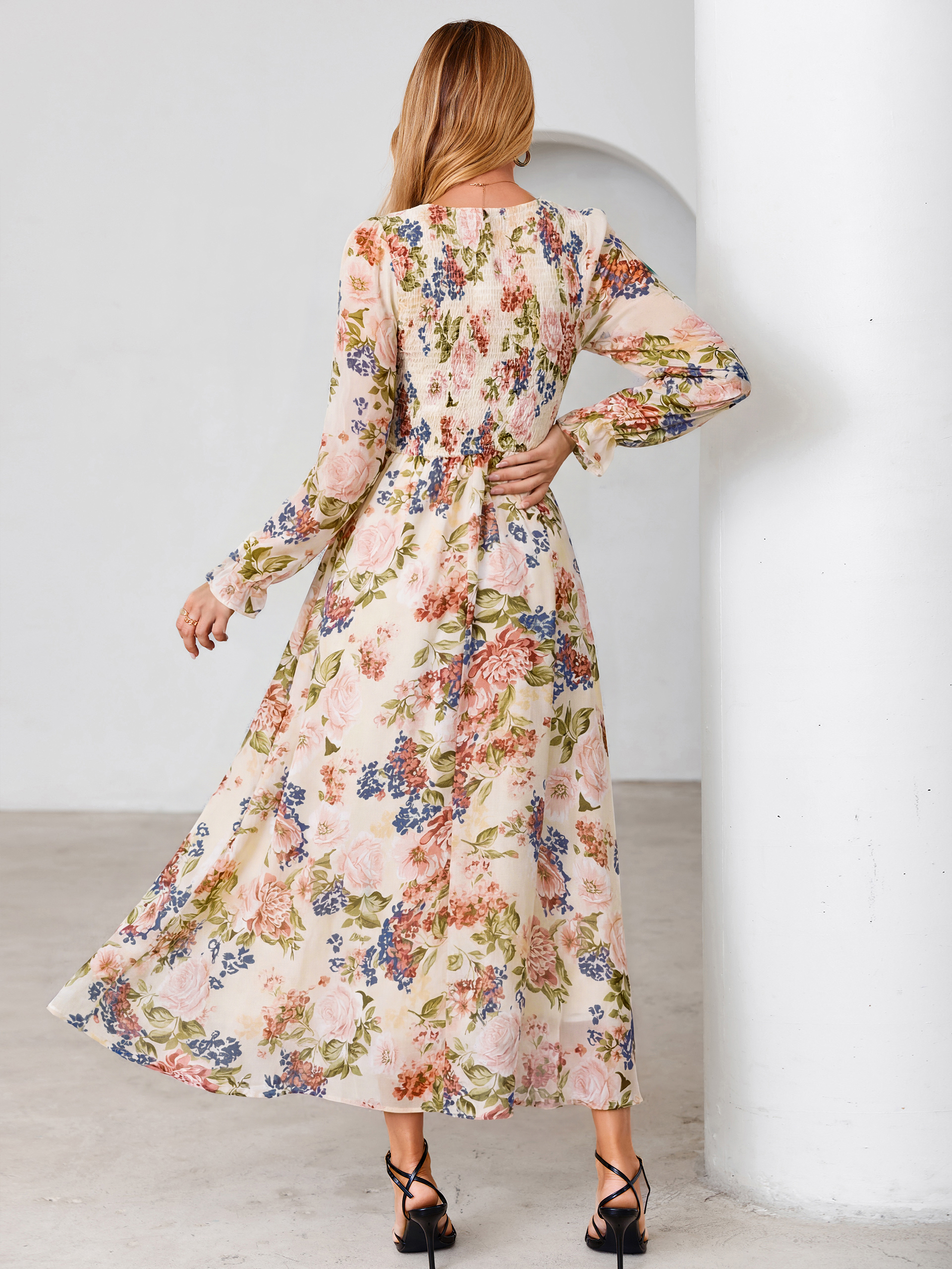 Floral Chiffon Smocked V Neck Maxi Dress